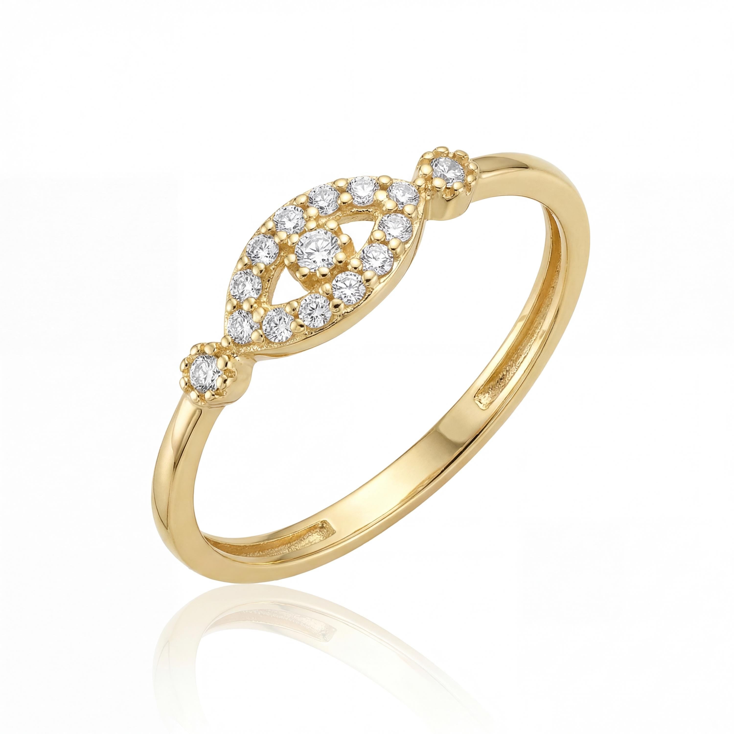 14k Gold Evil Eye Ring Dainty Minimal Oval CZ Stackable Thin Band Jewelry