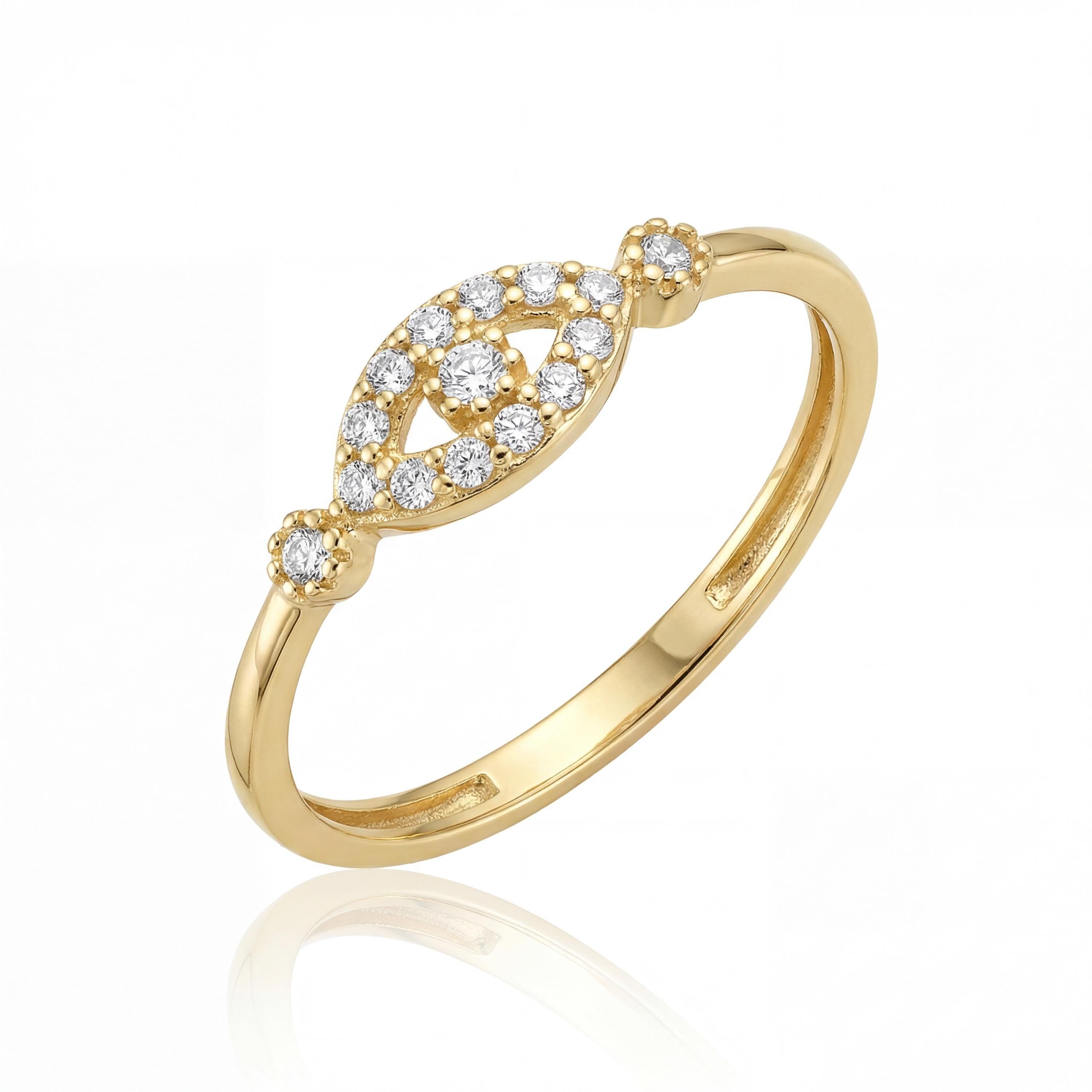 14k Gold Evil Eye Ring Dainty Minimal Oval CZ Stackable Thin Band Jewelry