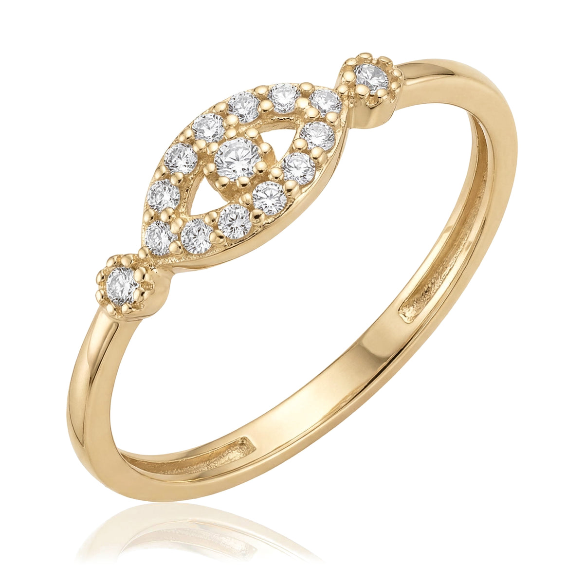 14K yellow gold evil eye ring, open eye outlined in CZ with a round centre stone on a thin band
