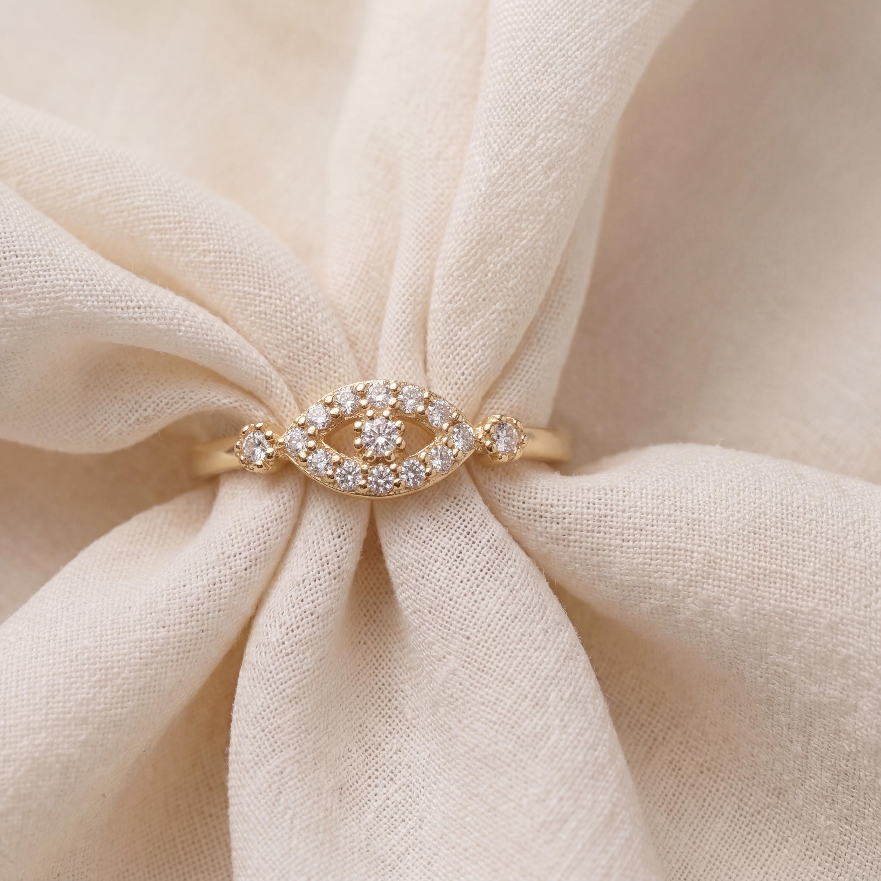 14k Gold Evil Eye Ring Dainty Minimal Oval CZ Stackable Thin Band Jewelry