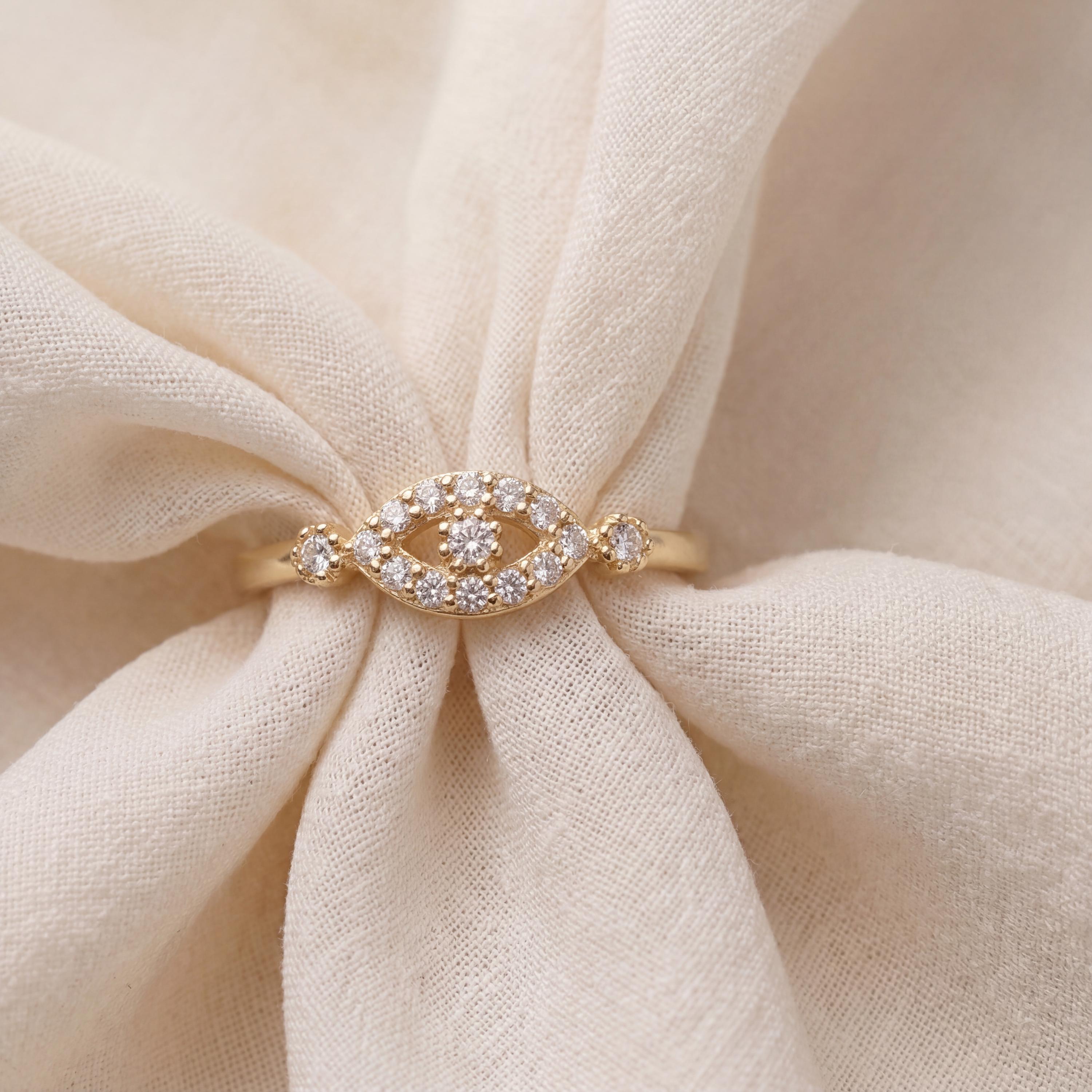 14k Gold Evil Eye Ring Dainty Minimal Oval CZ Stackable Thin Band Jewelry