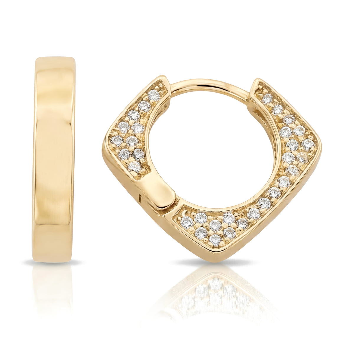 14K yellow gold square huggie earrings, polished edge view beside the clear stone pavé face
