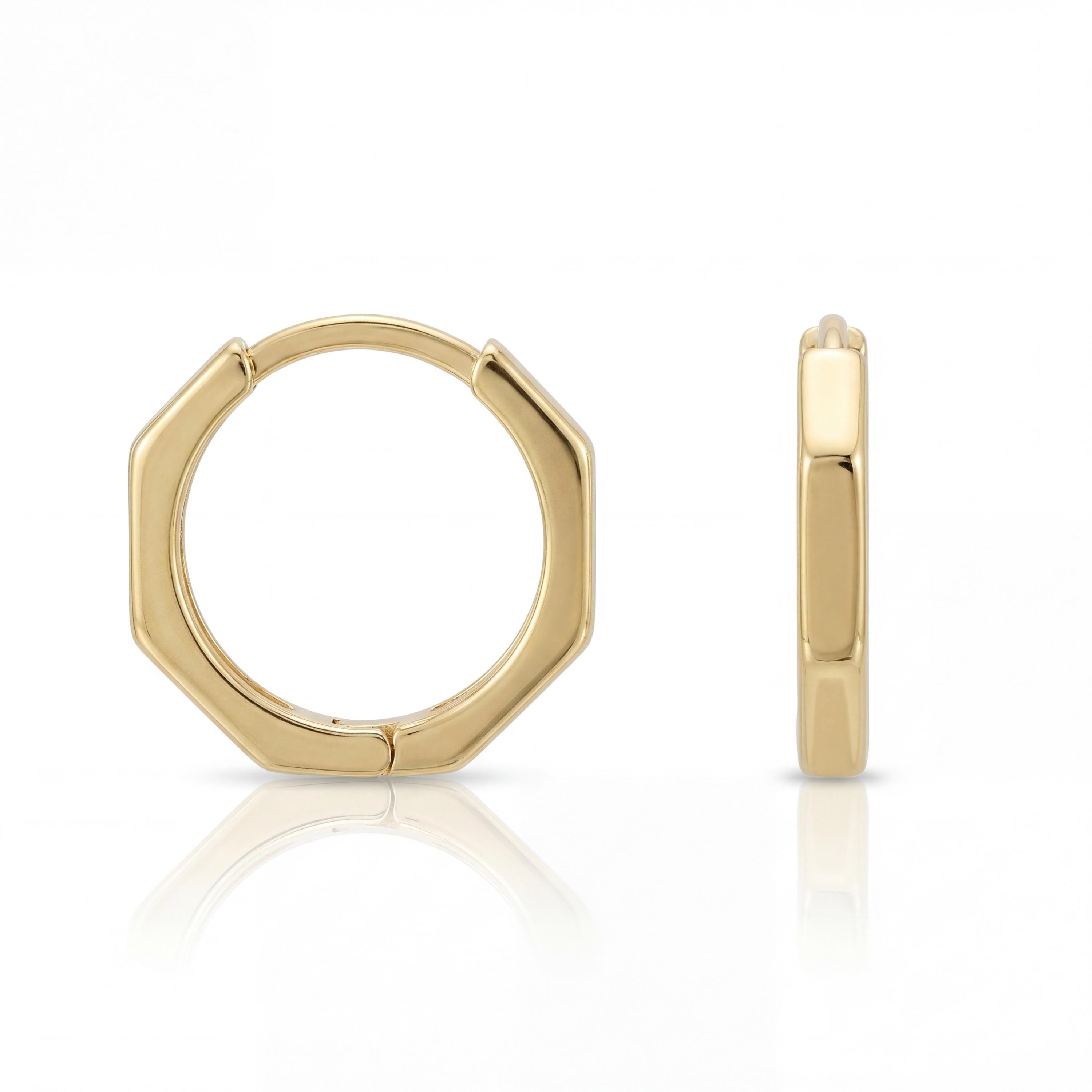 14K solid gold hexagon hoop earrings, minimal clicker huggie, product photo