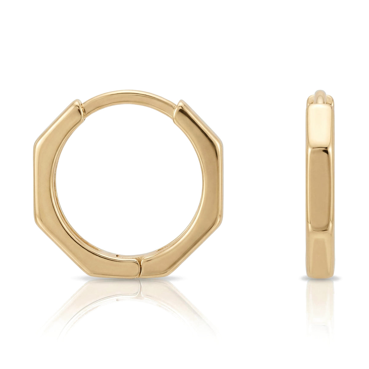 14K yellow gold hexagon huggie hoop earrings, angular clicker hoop shown front and edge-on