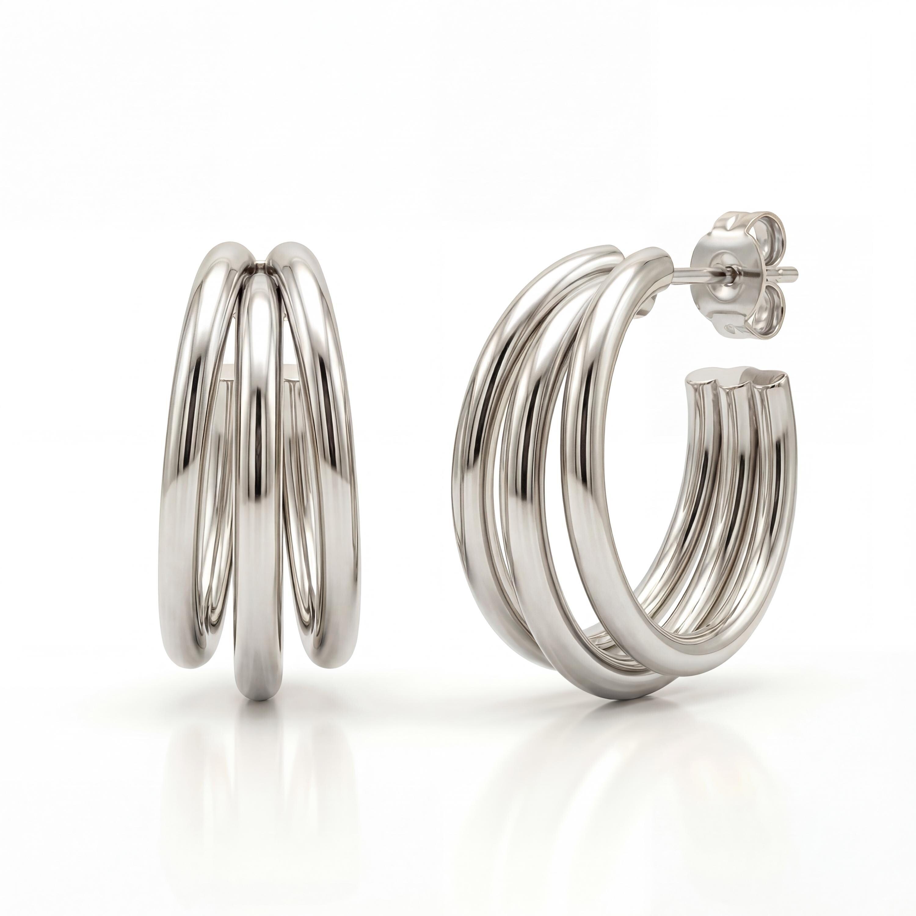 14K gold triple hoop earrings, styled view