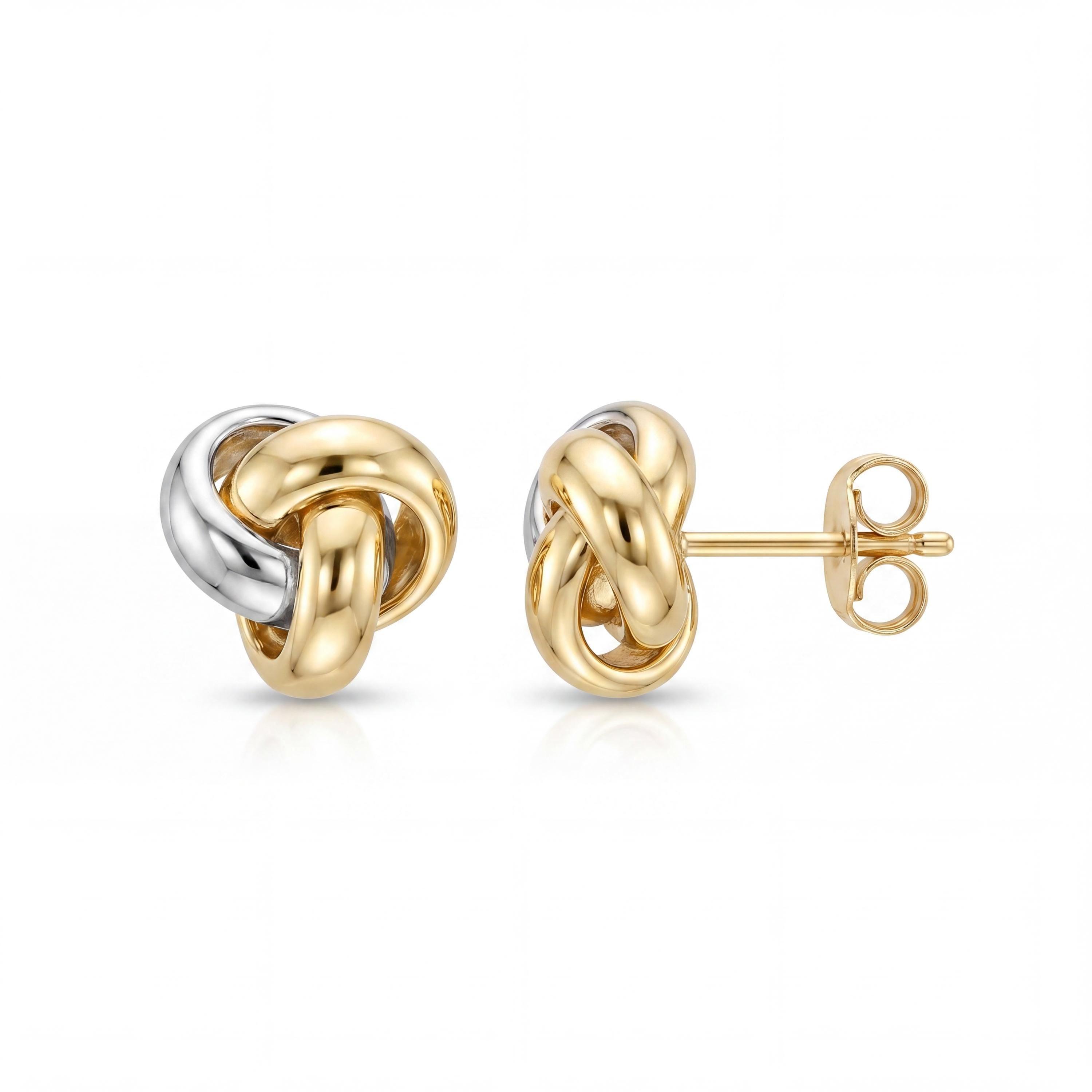 14K solid gold two tone knot stud earrings, product photo