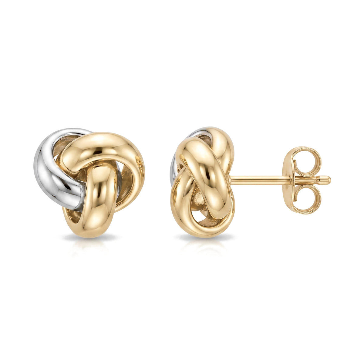 14K two tone knot stud earrings in yellow and white gold, pair shown front and side with post