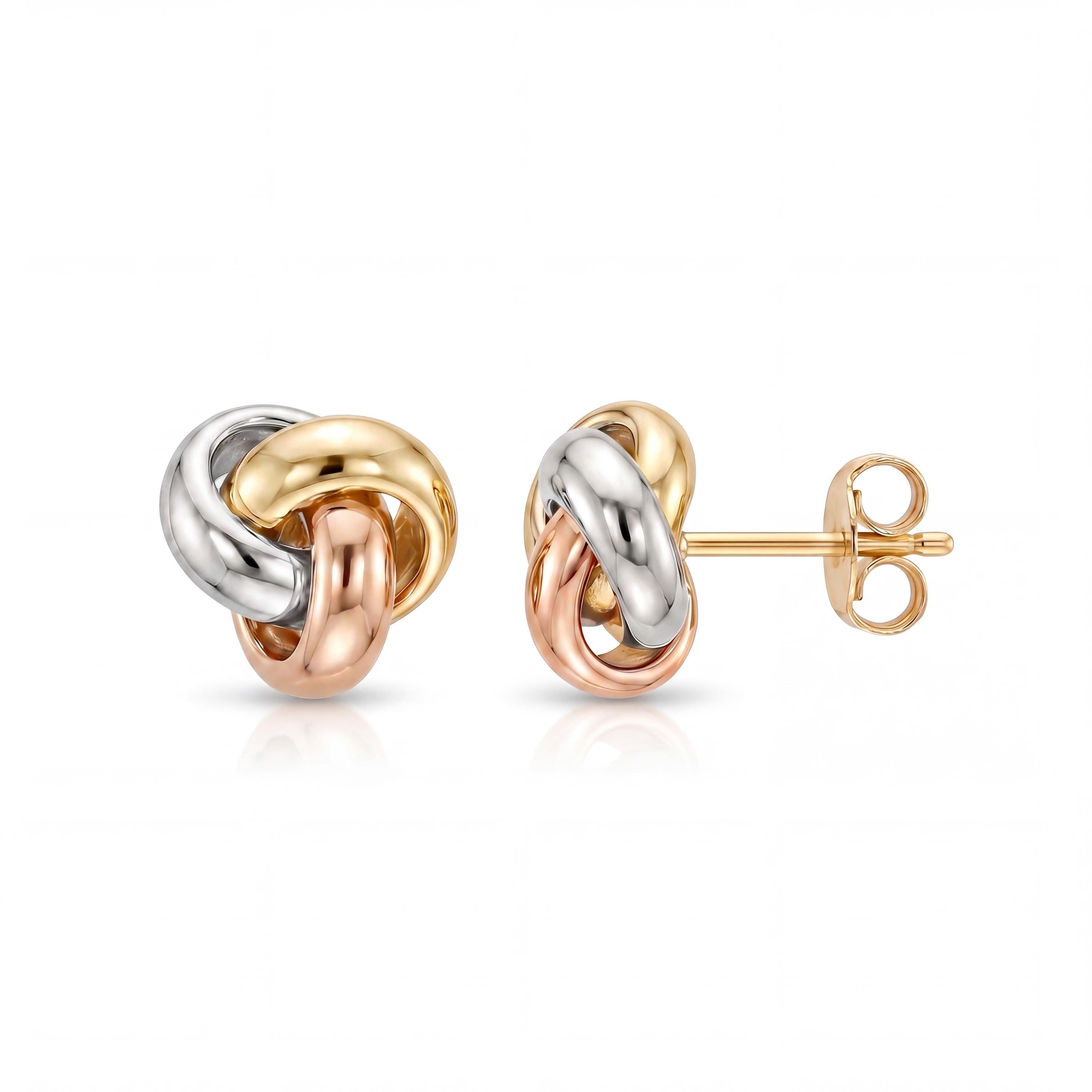 14K solid gold two tone knot stud earrings, close-up detail