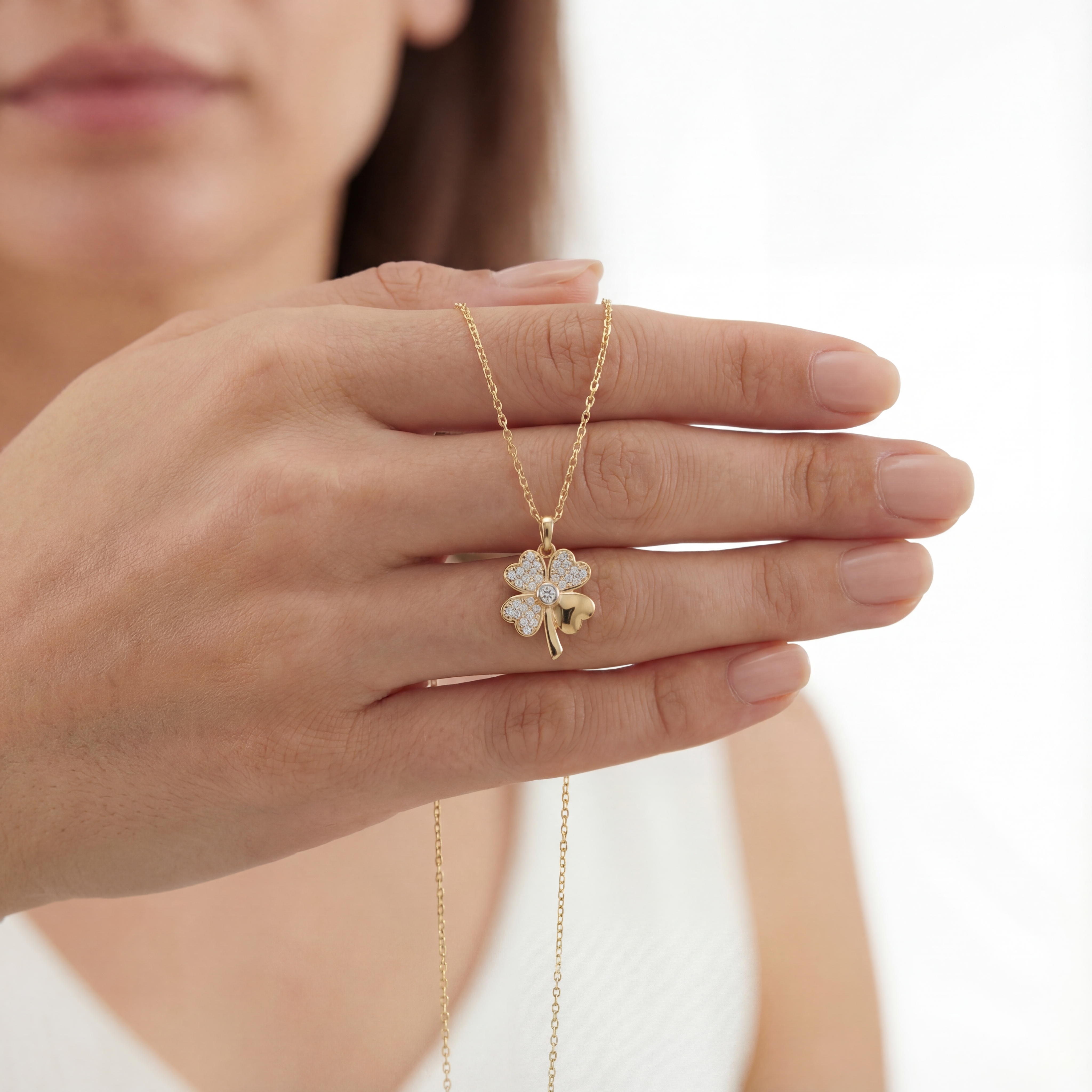 14K Solid Gold Four Leaf Clover Pendant Necklace, Handmade Lucky Charm, Dainty Minimal Jewelry