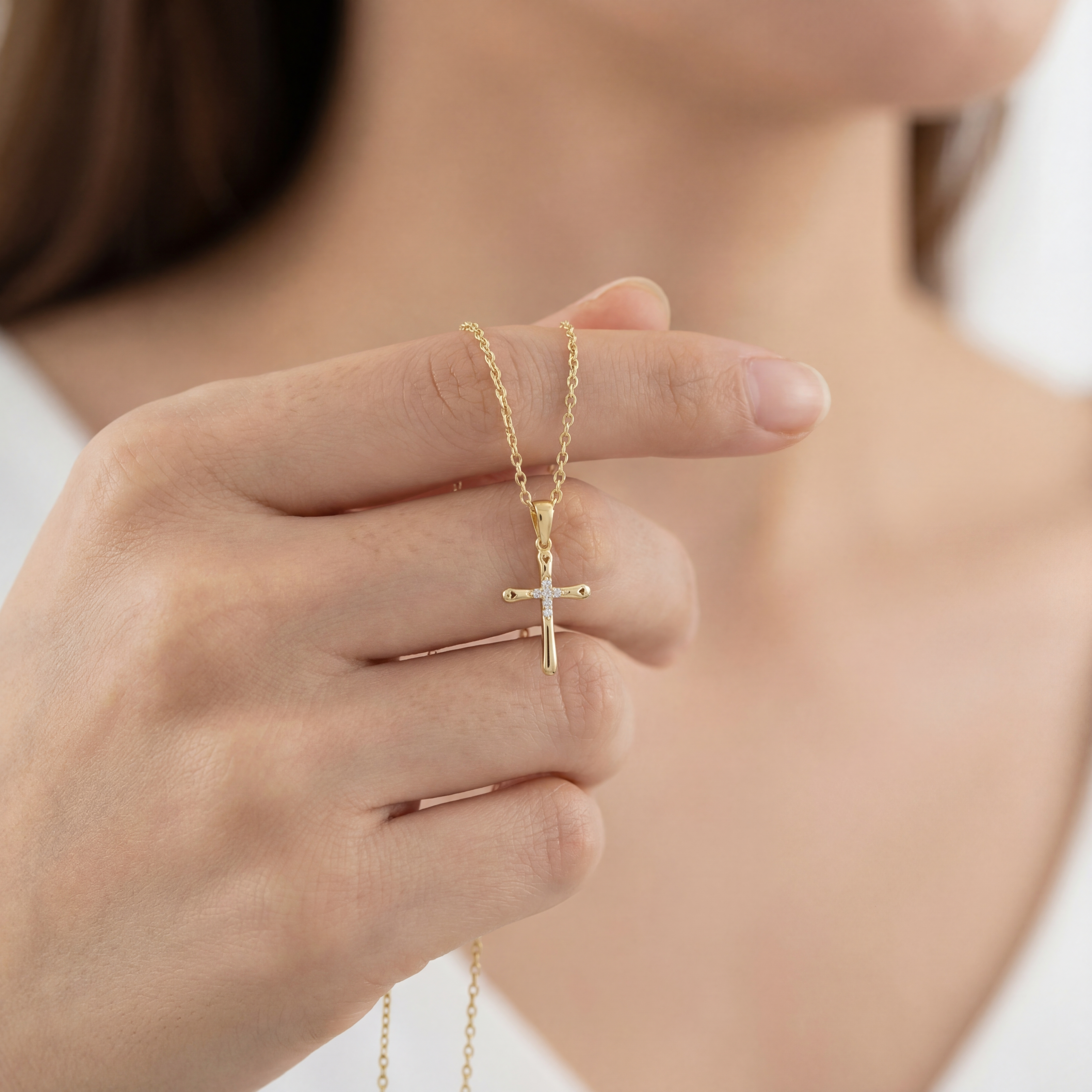 14K Solid Gold Minimal Christian Cross Pendant Necklace with CZ and Heart Details