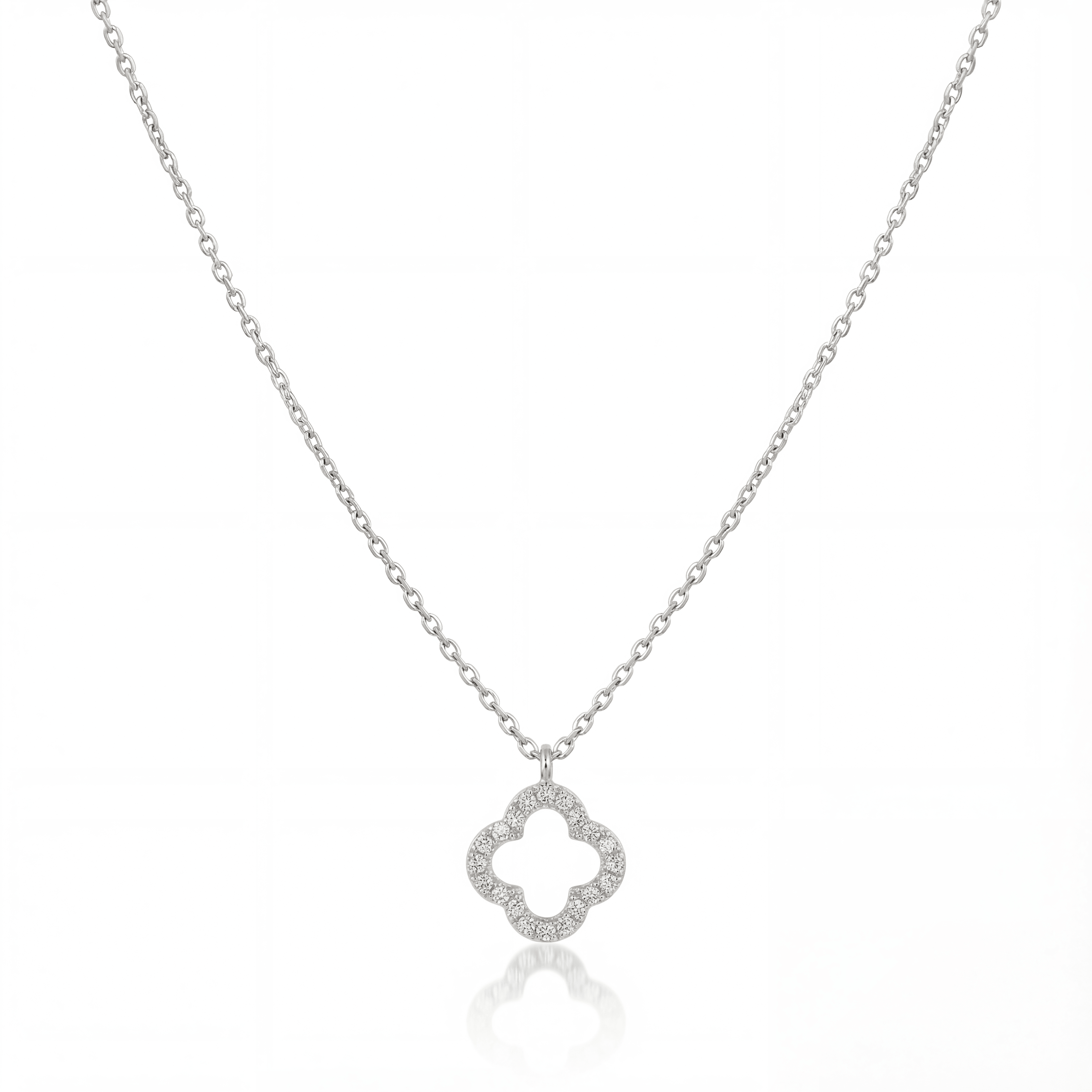 14K solid gold open quatrefoil clover necklace in white gold