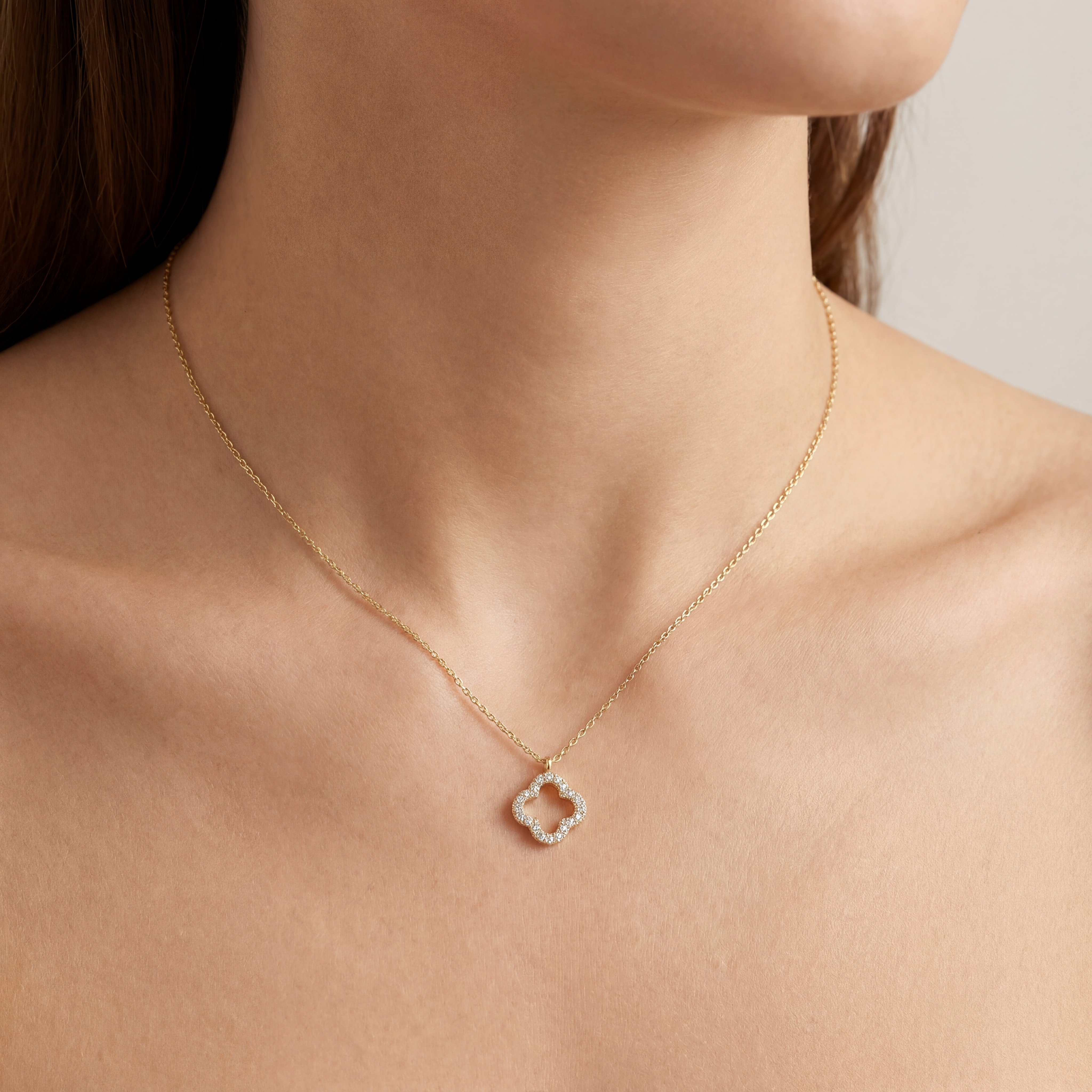 14K Solid Gold Open Quatrefoil Clover Style Necklace with CZ Stones - Minimal Lucky Charm