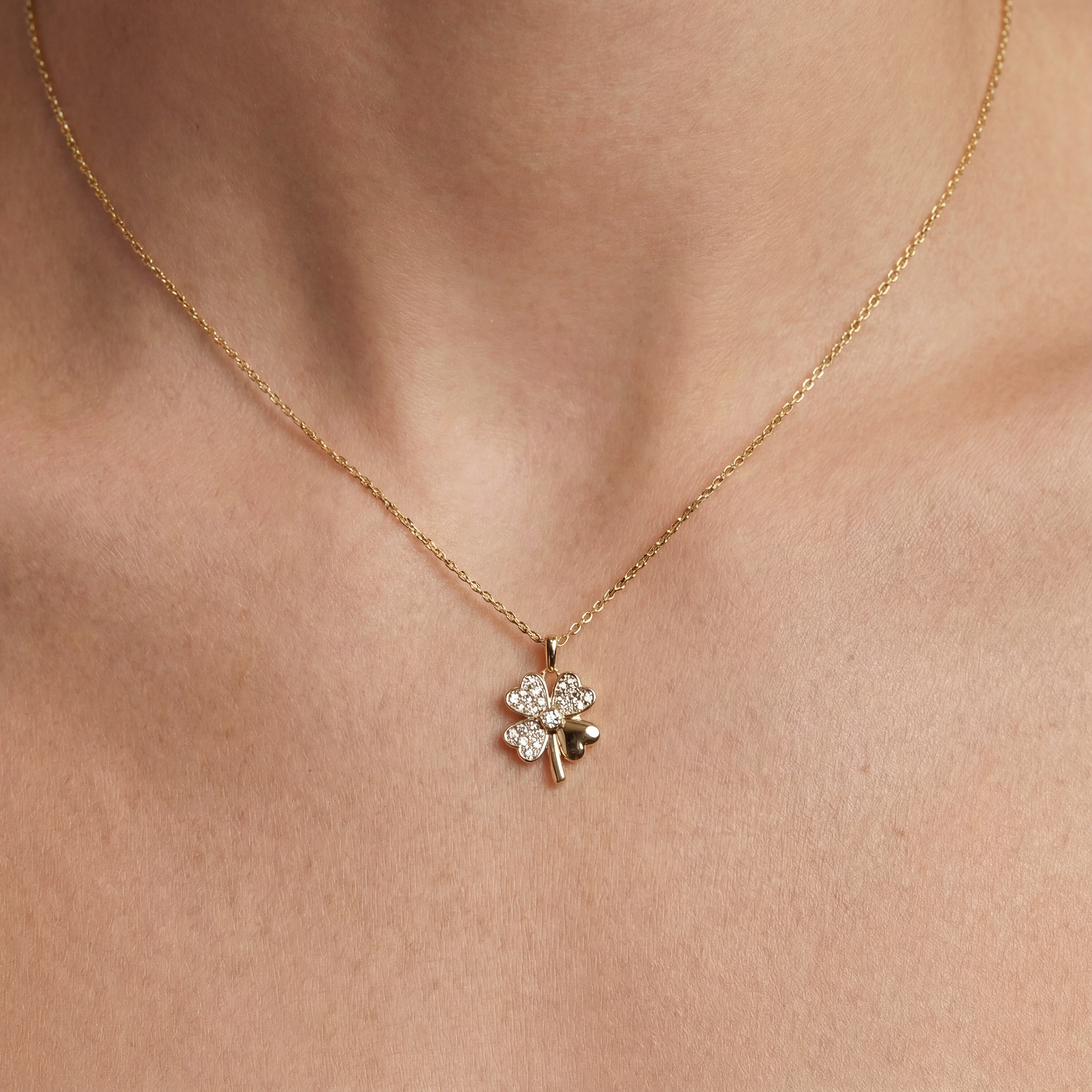 14K Solid Gold Four Leaf Clover Pendant Necklace, Handmade Lucky Charm, Dainty Minimal Jewelry