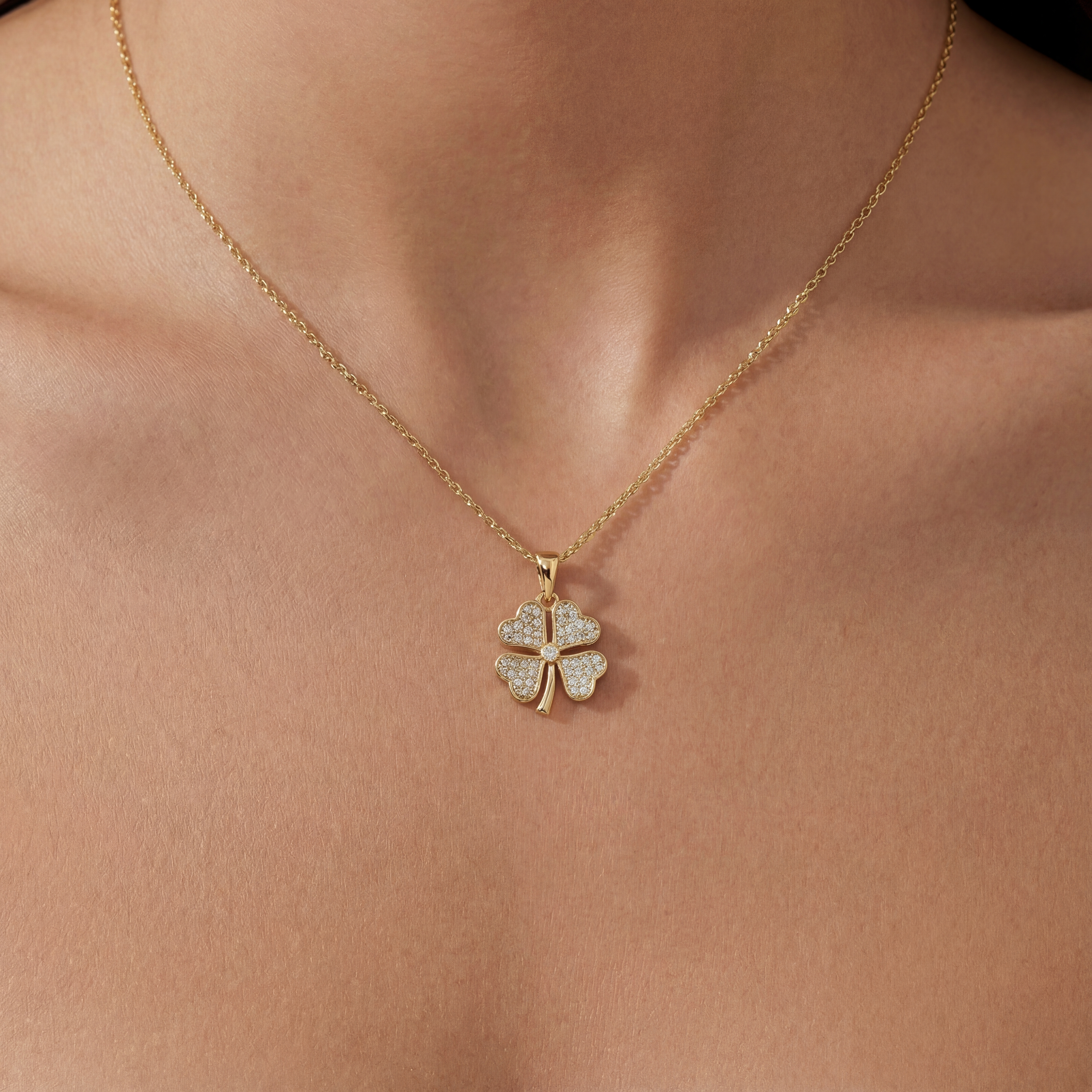 14K Solid Gold CZ Clover Necklace - Handmade Pavé Lucky Symbol Unisex Jewelry