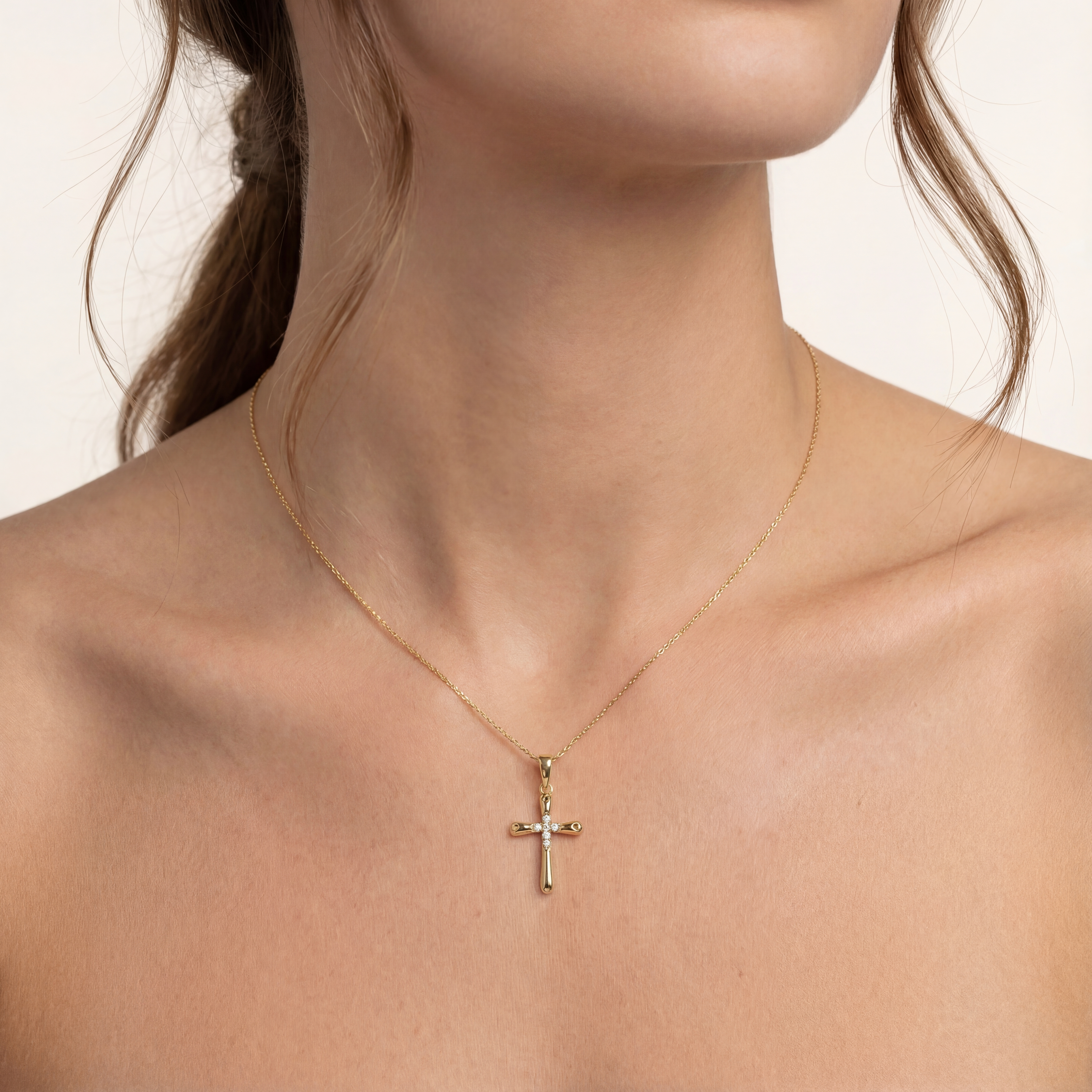 14K Solid Gold Minimal Christian Cross Pendant Necklace with CZ and Heart Details