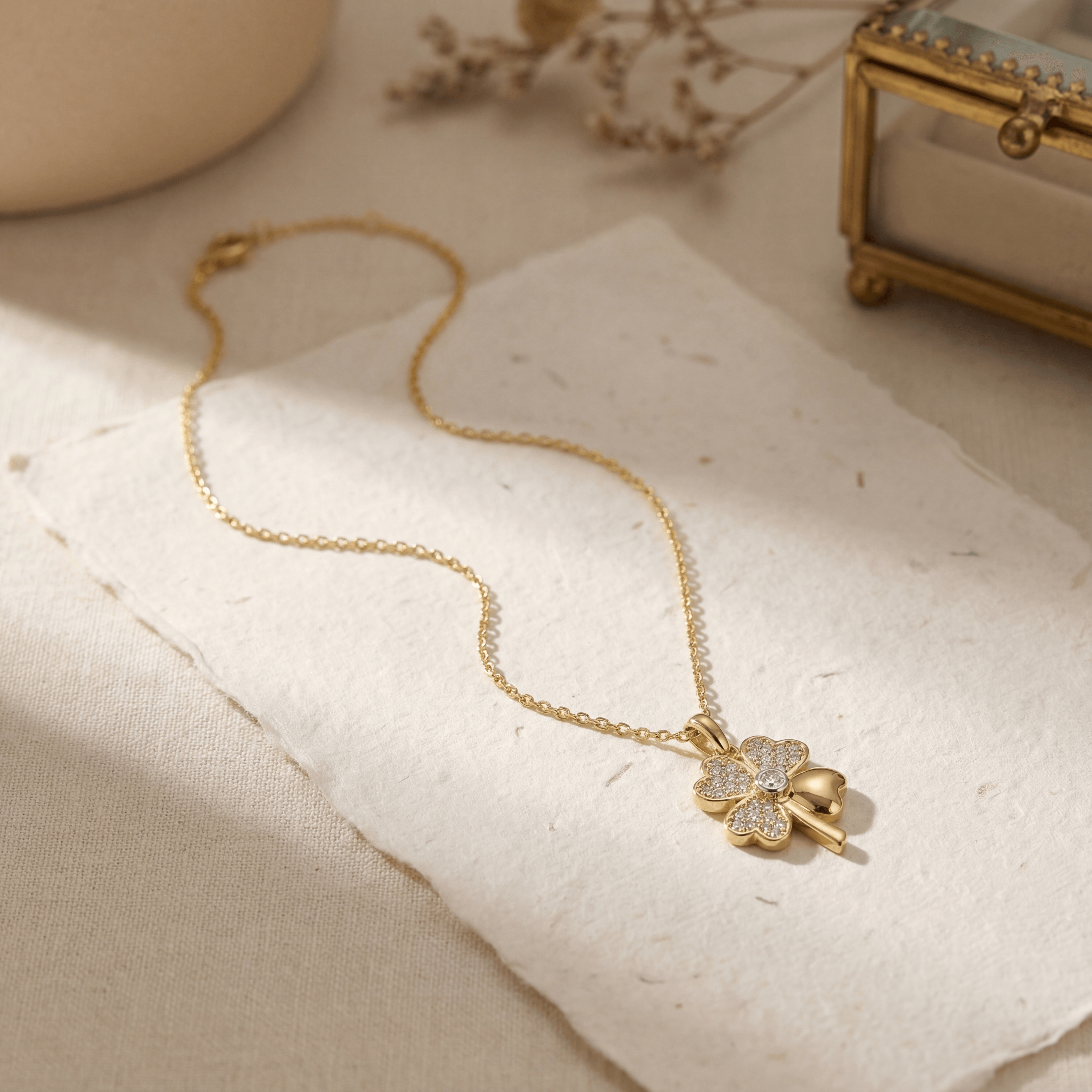 14K solid gold four leaf clover pendant necklace, handmade lucky charm, product photo