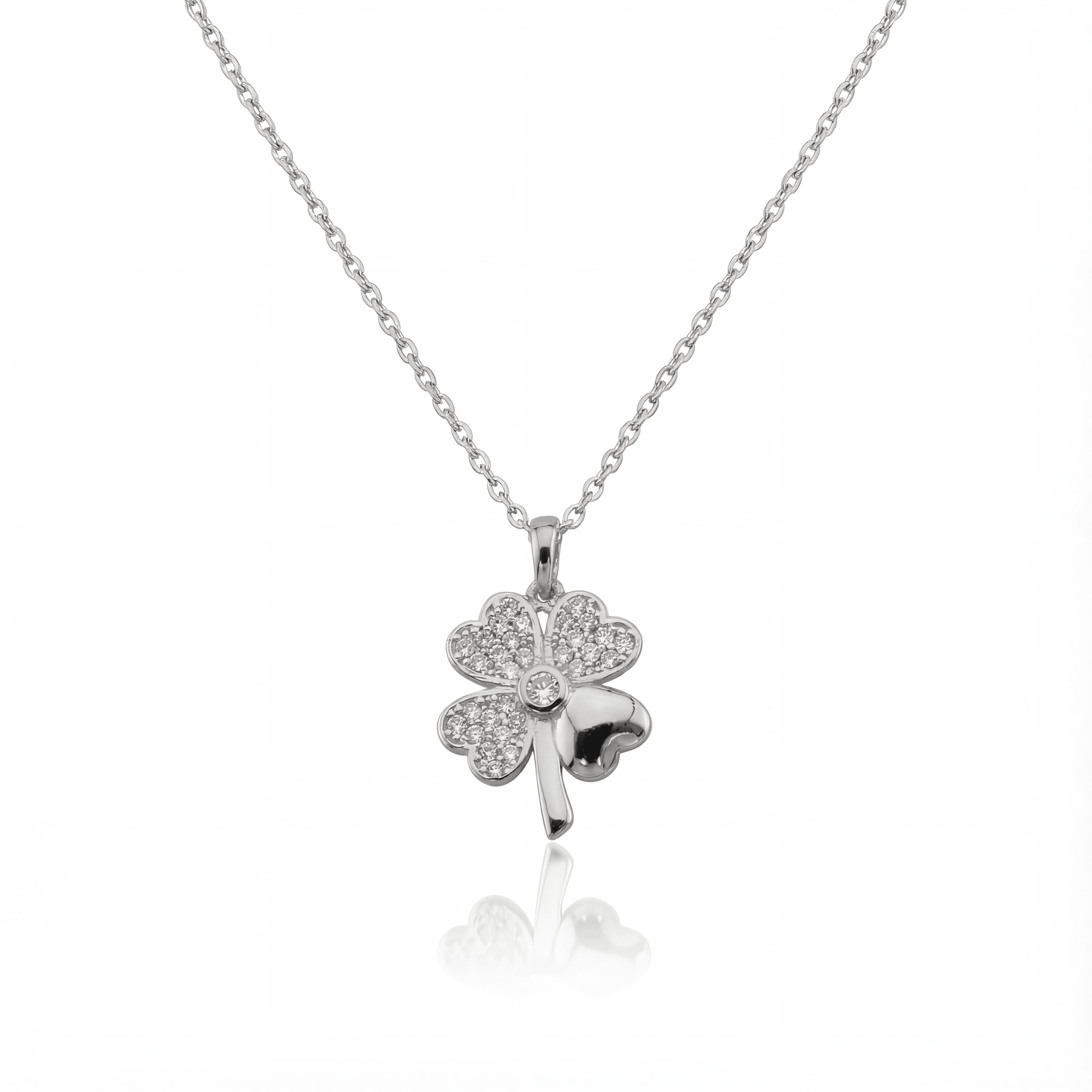 14K solid gold four leaf clover pendant necklace in white gold