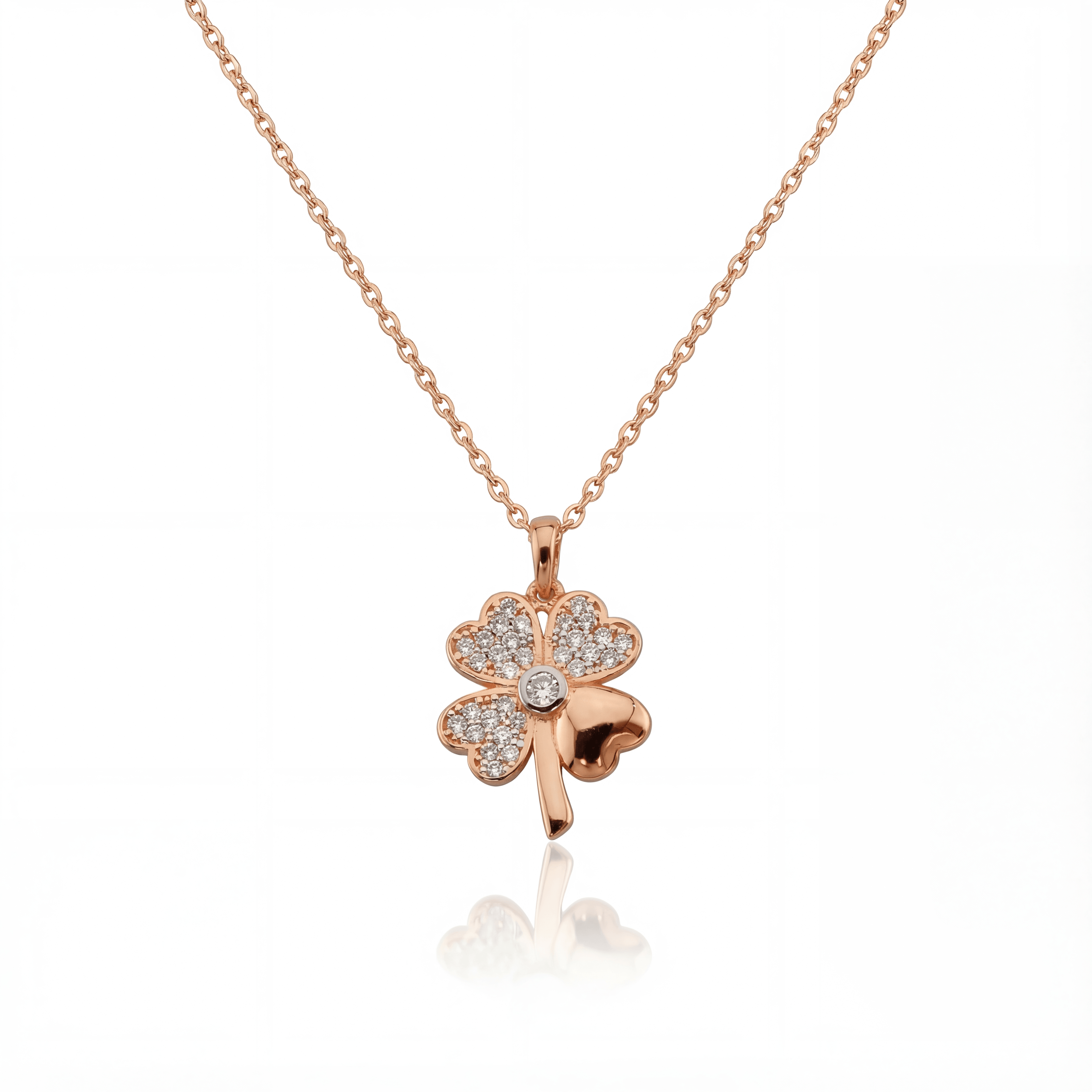 14K solid gold four leaf clover pendant necklace in rose gold
