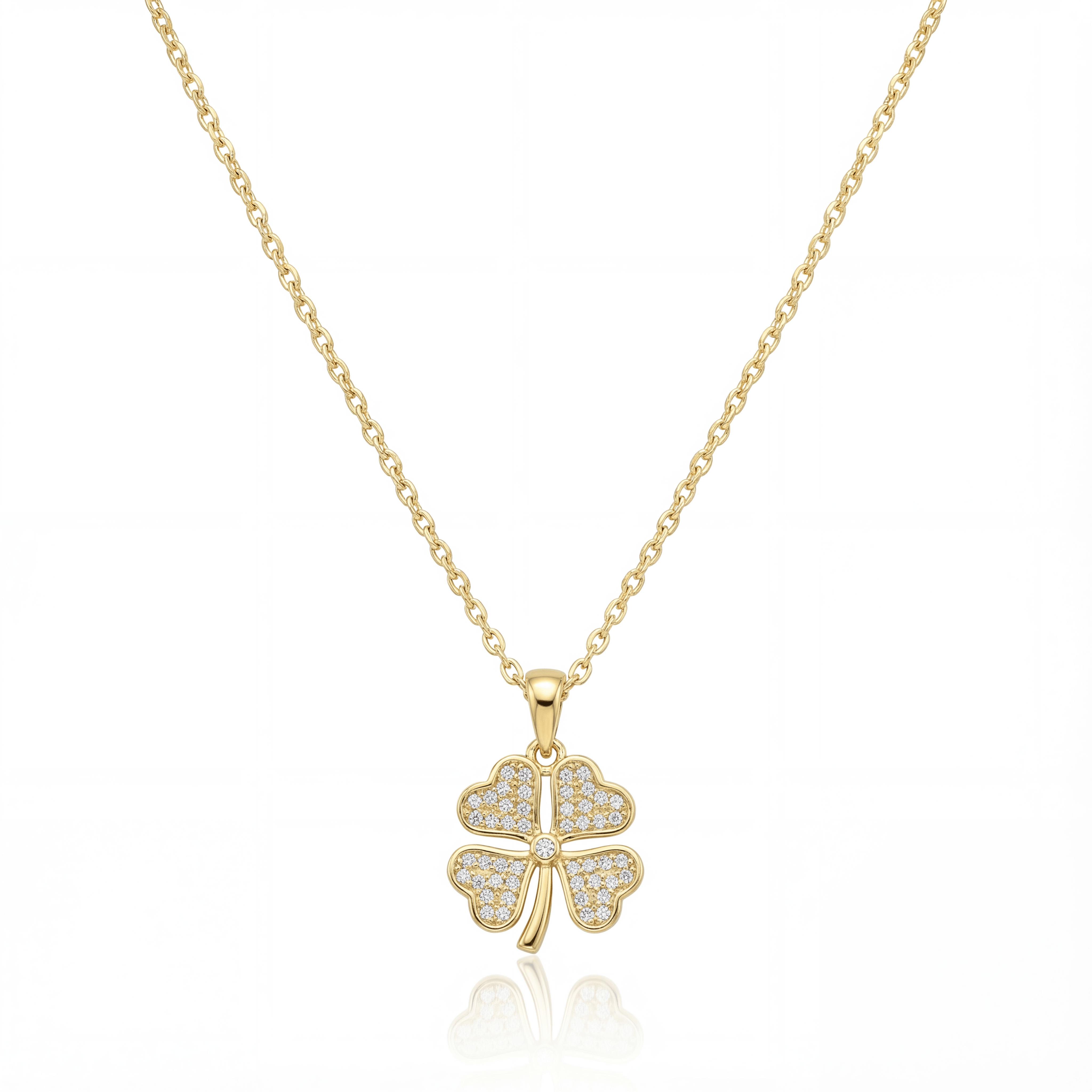 14K solid gold CZ clover necklace in yellow gold