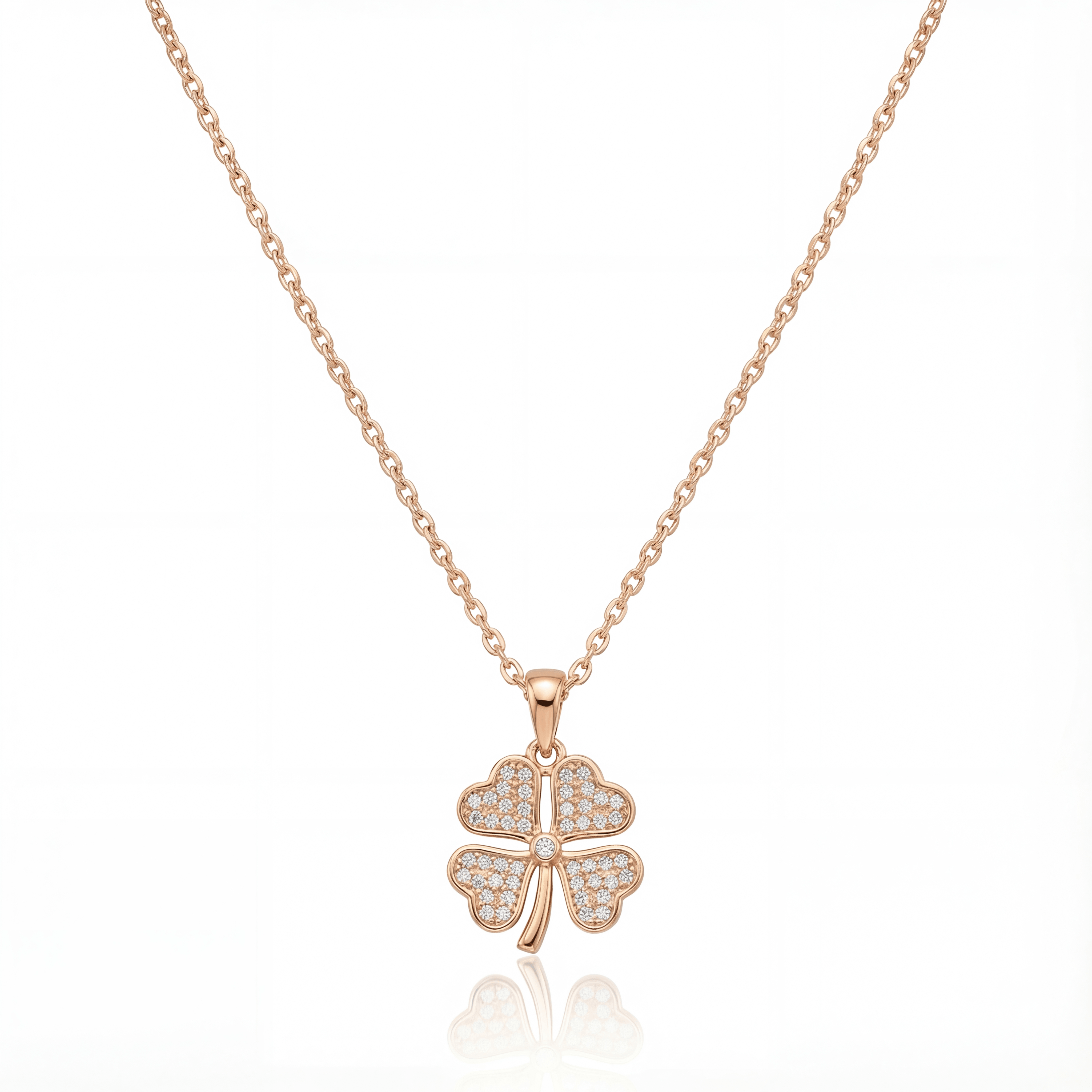 14K solid gold CZ clover necklace in rose gold