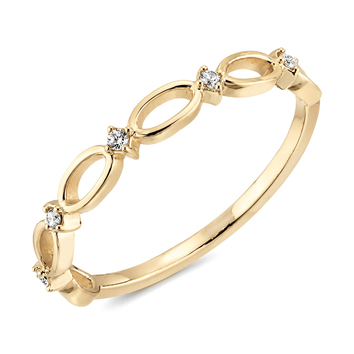 14K yellow gold infinity ring, open oval links alternating with small clear stones, close-up on white