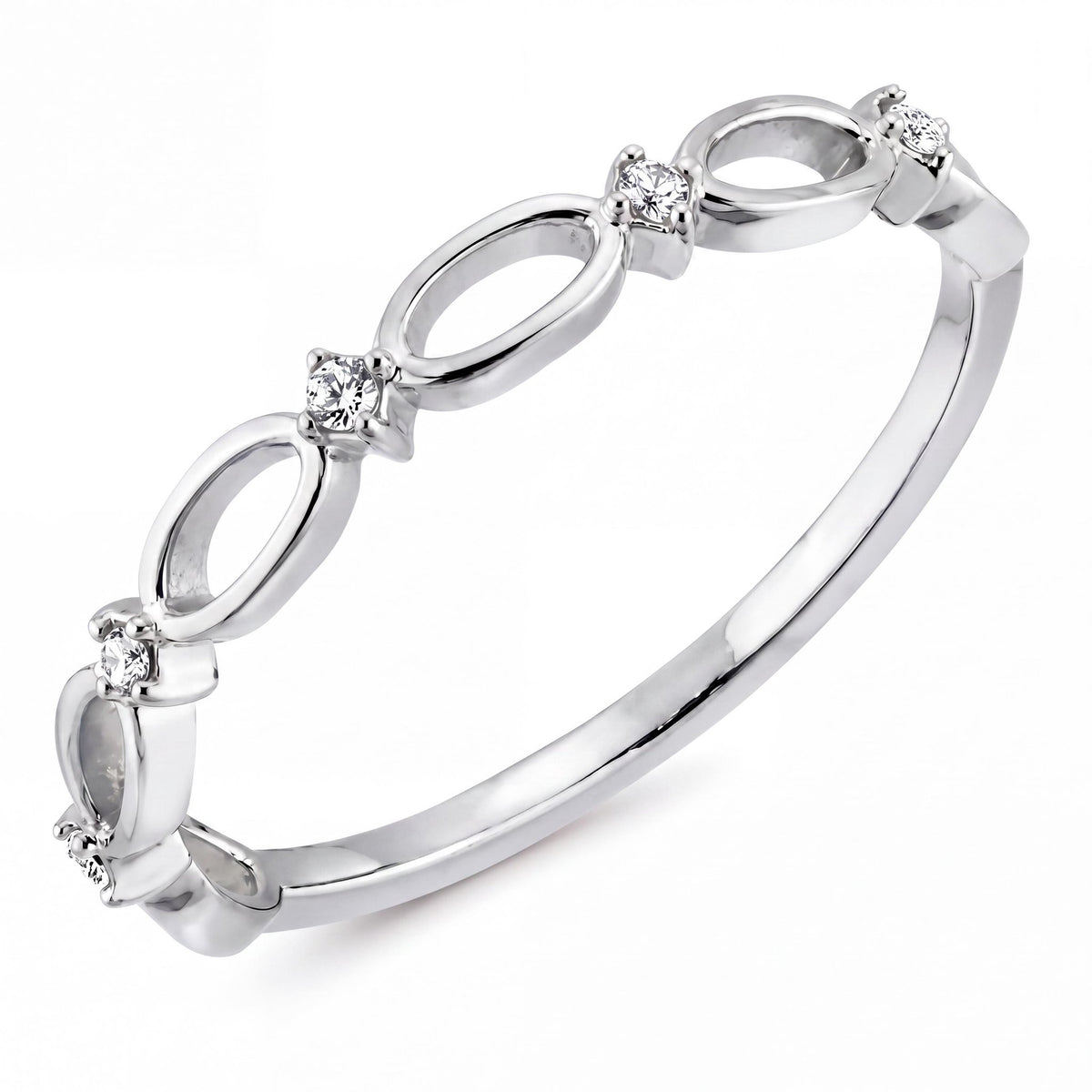 14K white gold infinity ring, open oval links alternating with small clear stones, close-up on white