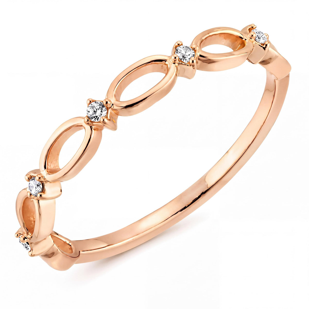 14K rose gold infinity ring, open oval links alternating with small clear stones, close-up on white