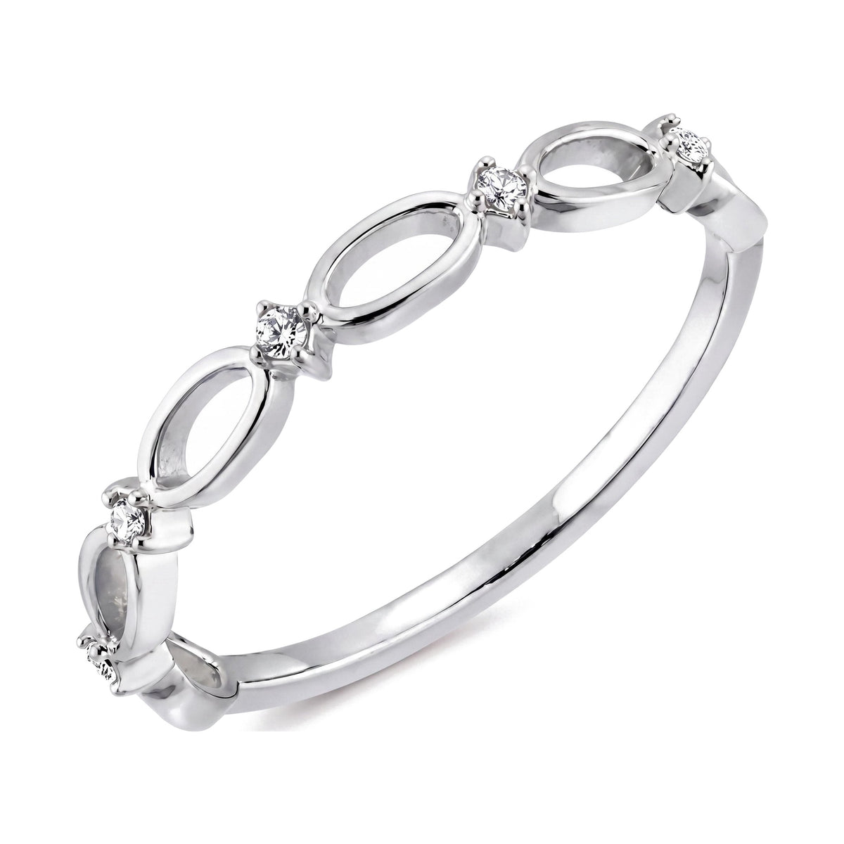 14K white gold infinity ring, open oval links alternating with small clear stones, close-up on white