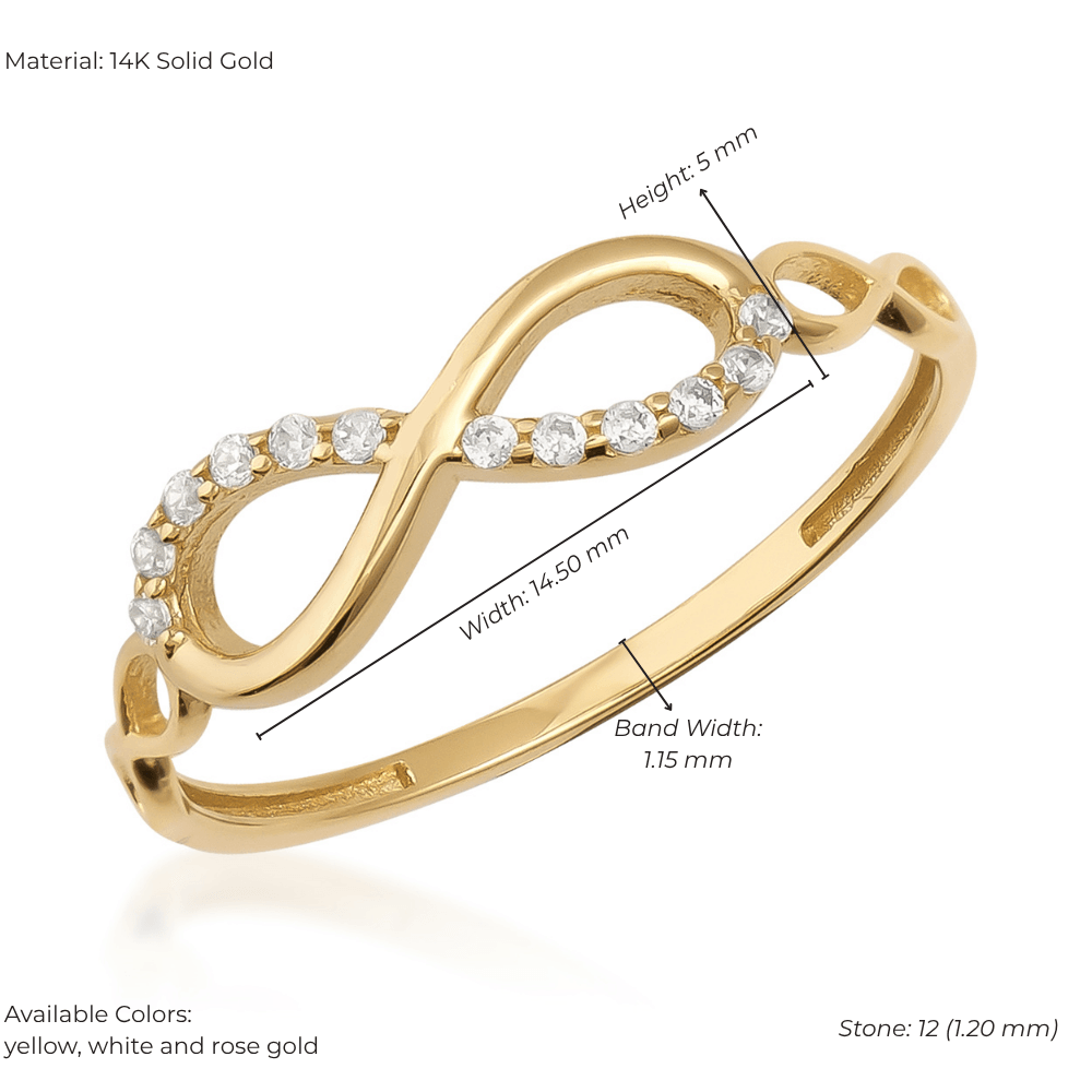 14K solid gold infinity ring with white stones, elegant thin band, labeled dimensions