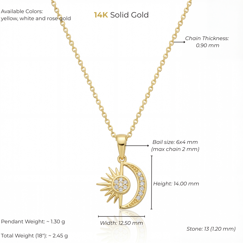 14K Solid Gold Sun and Moon Pendant Necklace with CZ Stones Minimal Charm