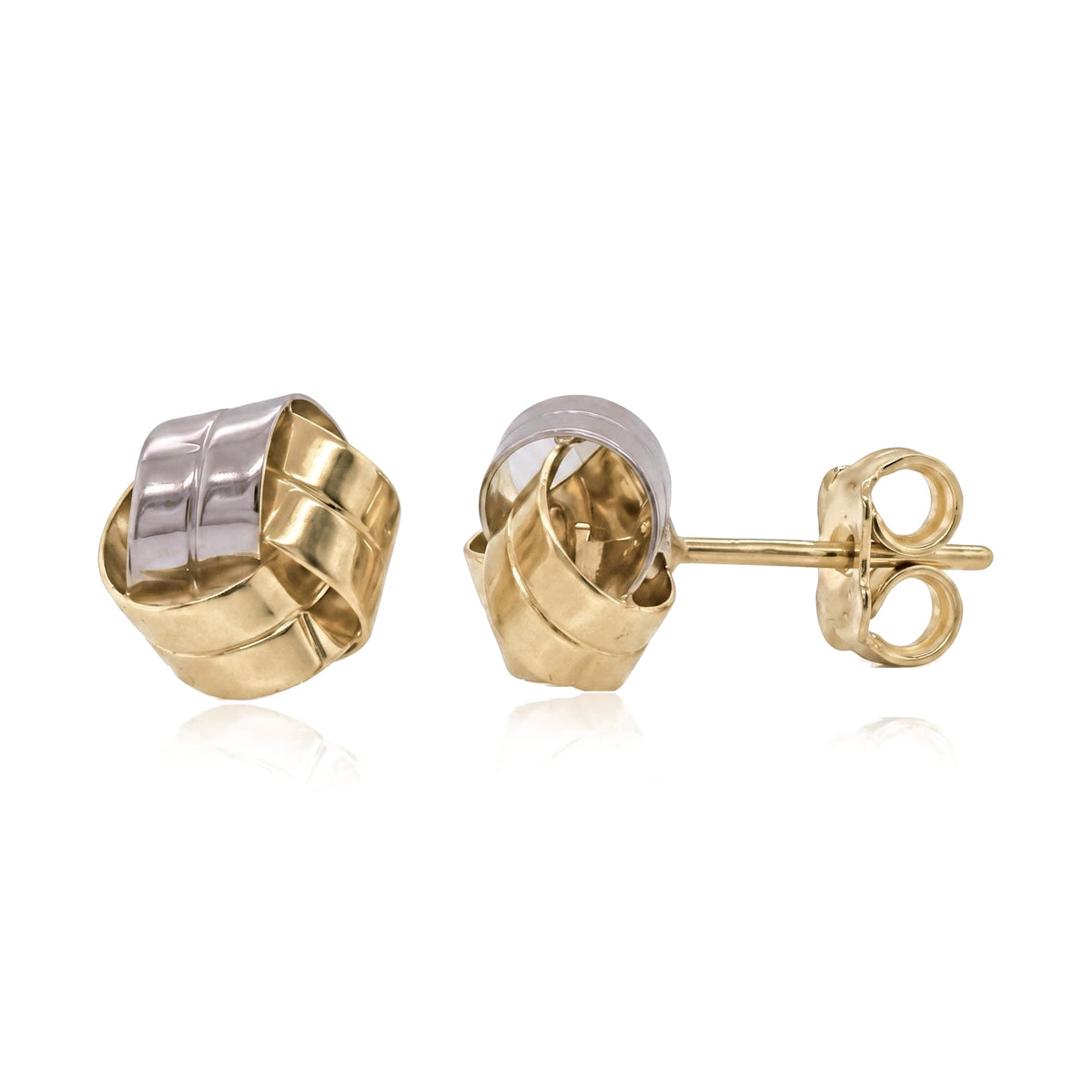 Pair of 14K yellow gold knot stud earrings with white gold accent strip, front and side view with butterfly back