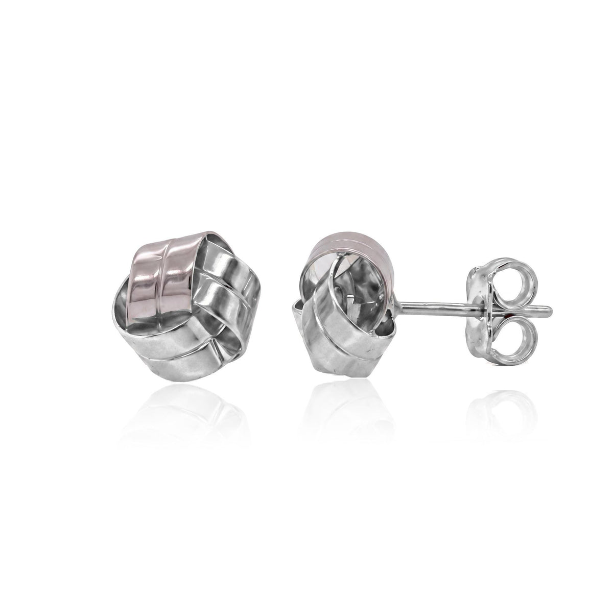 Pair of 14K white gold knot stud earrings, front and side view showing post and butterfly back