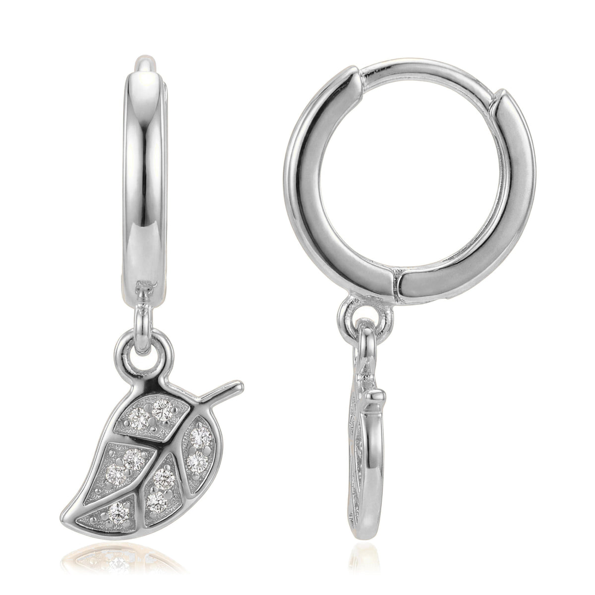 14K white gold leaf hoop earrings, huggie hoops with a dangling CZ leaf charm, front and side view on white