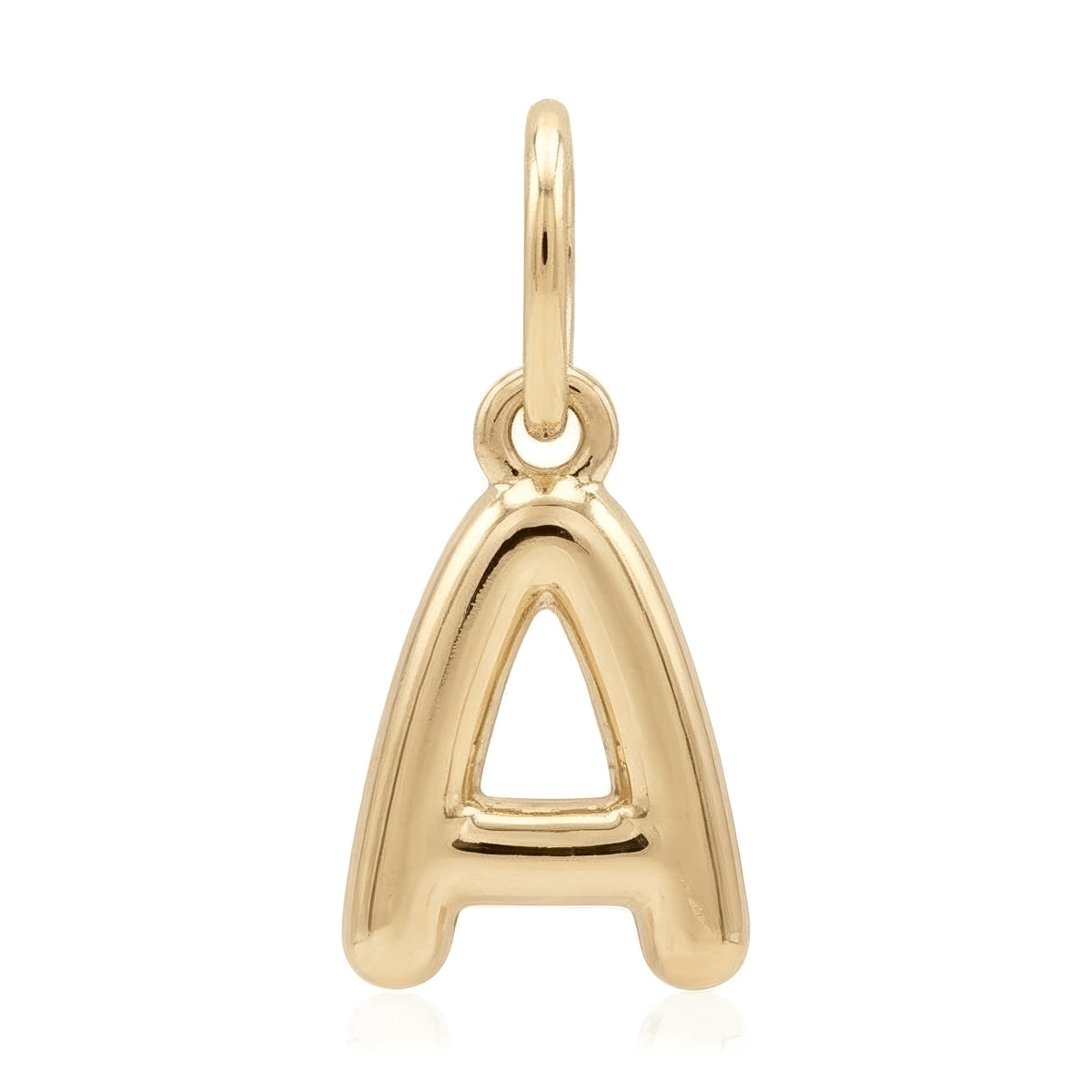 14K yellow gold letter necklace charm, puffed bubble letter A pendant shown without chain on white