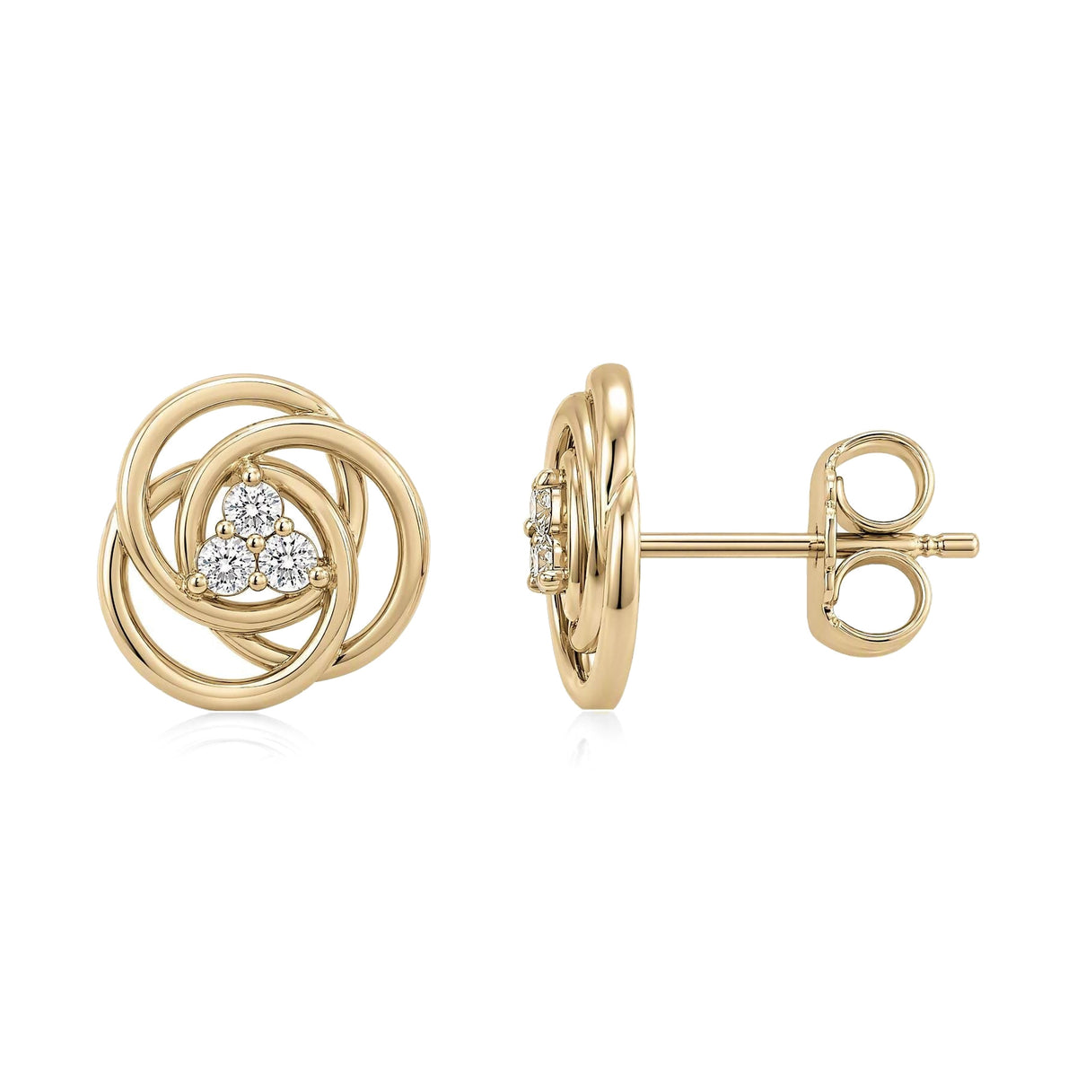 14K yellow gold love knot stud earrings with cubic zirconia trio, front view and side view with butterfly back