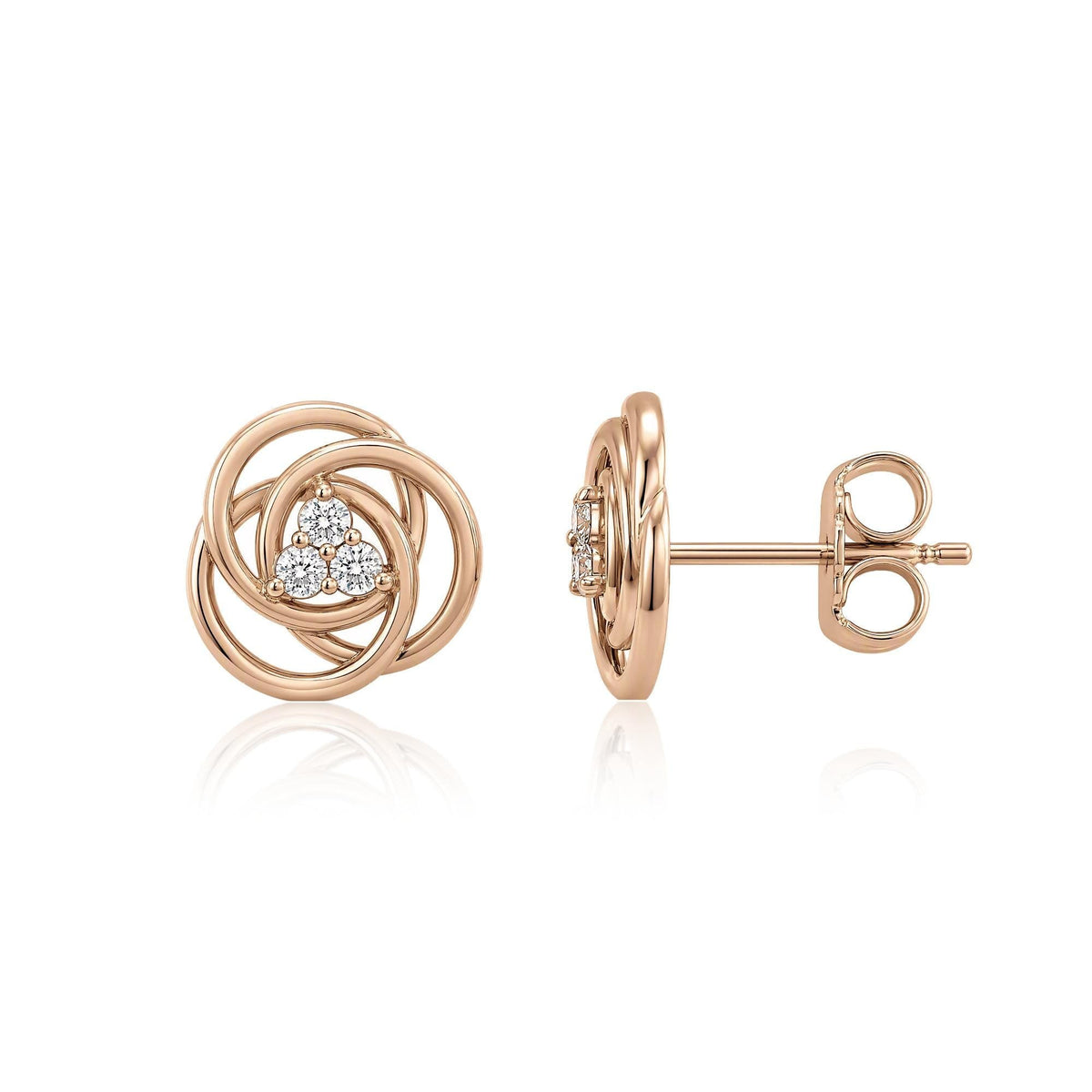 14K rose gold love knot stud earrings with cubic zirconia trio, front view and side view with butterfly back