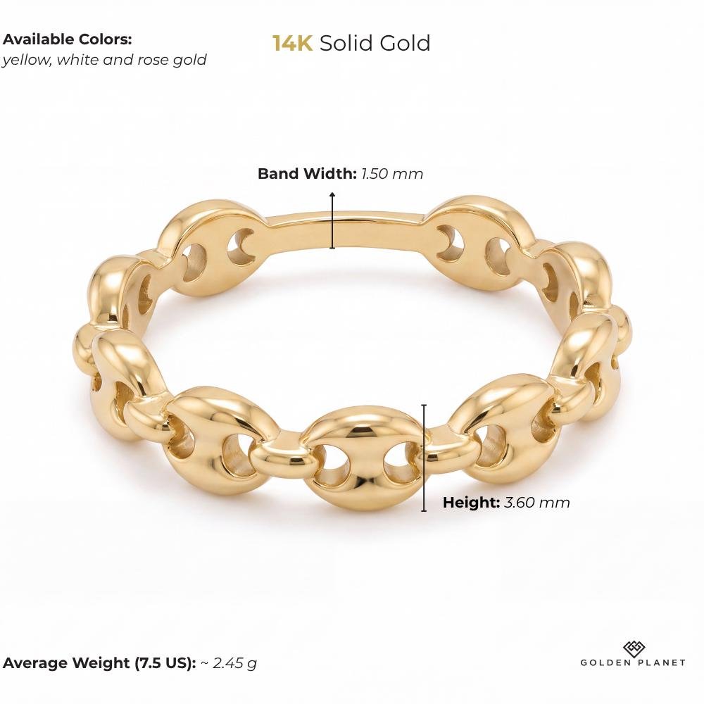Size chart for the 14K gold mariner link ring showing available colors, band width, height, average weight