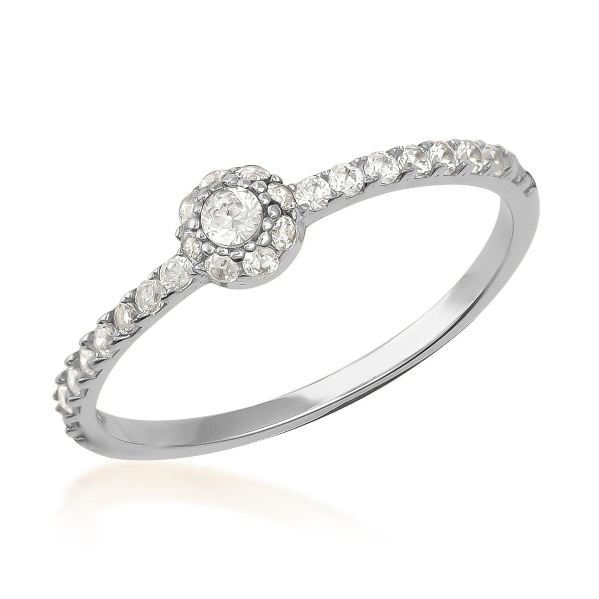 Elegant 14K white gold halo cubic zirconia ring with a round center stone and pavé band