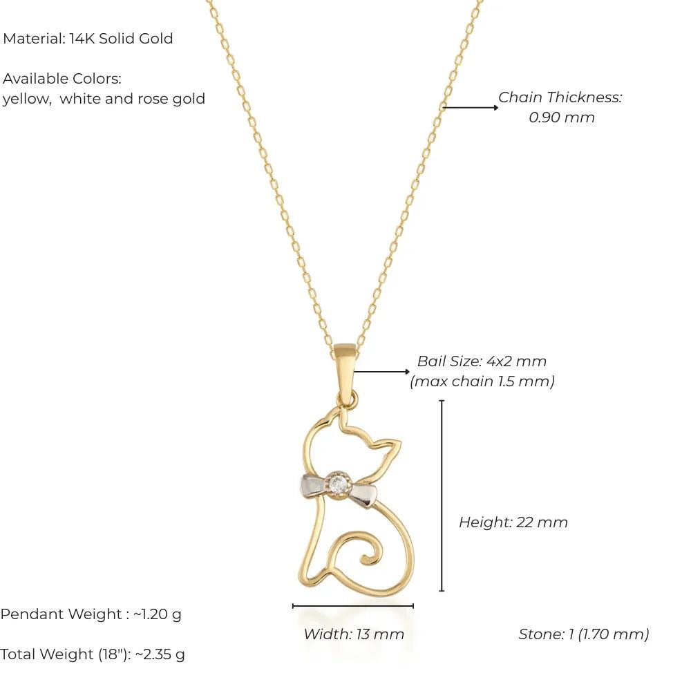 Minimalist 14K gold cat pendant necklace with diamond accent and bow, chain included