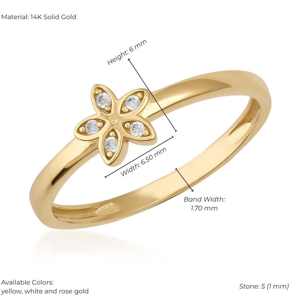 Minimal 14K gold flower ring with five small diamonds, delicate band, floral design