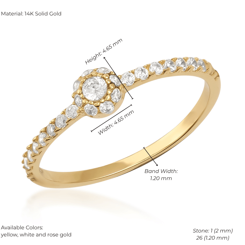Minimal round zirconia ring in 14K yellow gold with pavé-set stones and halo setting