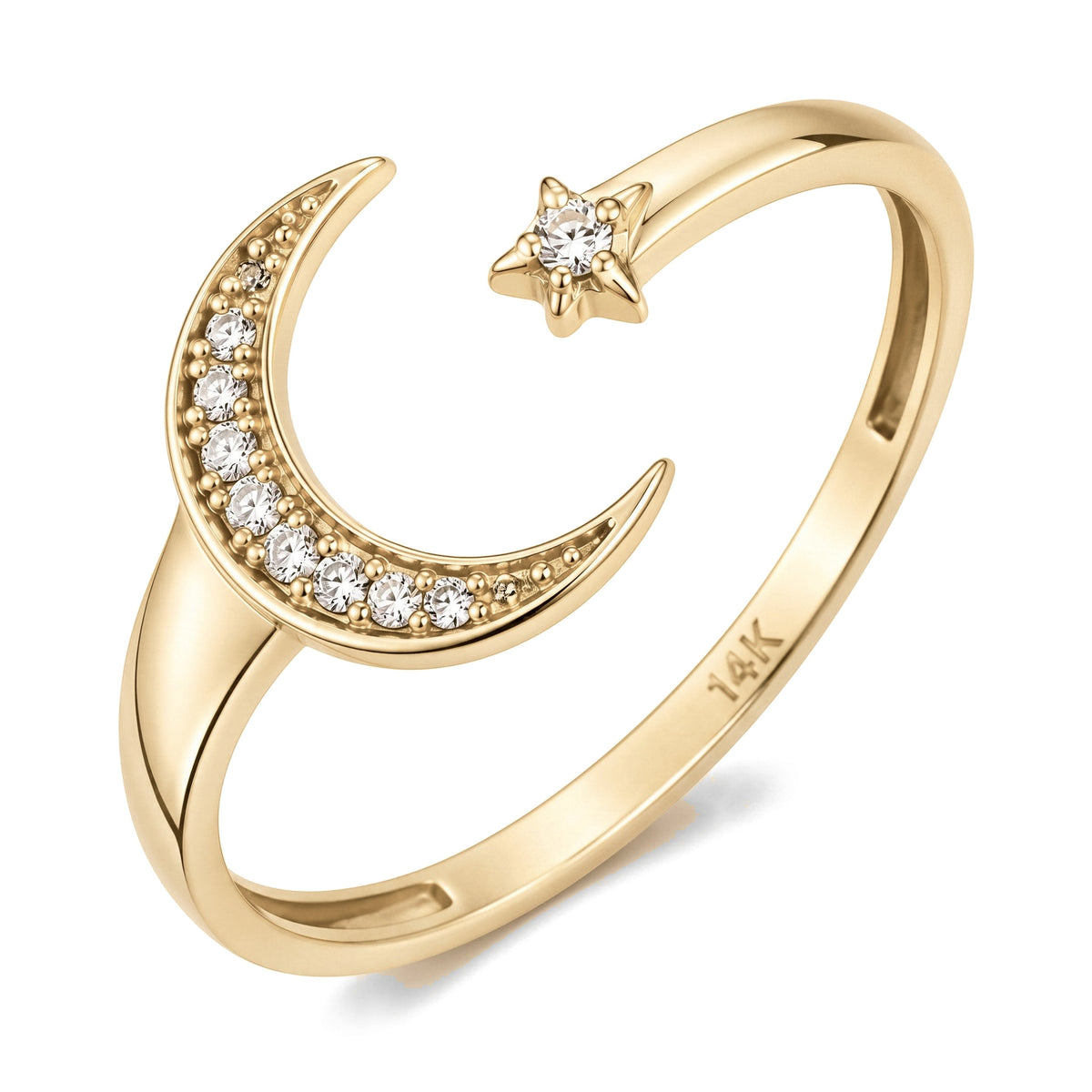 14K yellow gold moon and star ring, open band with a stone-set crescent moon facing a small star, on white