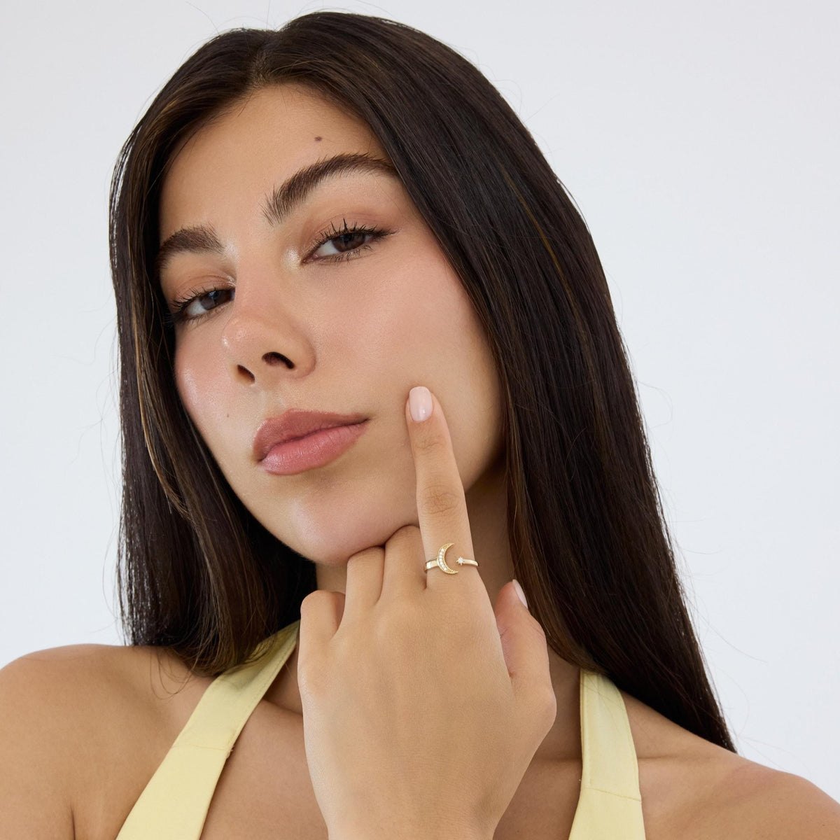 14K gold moon and star ring, styled view