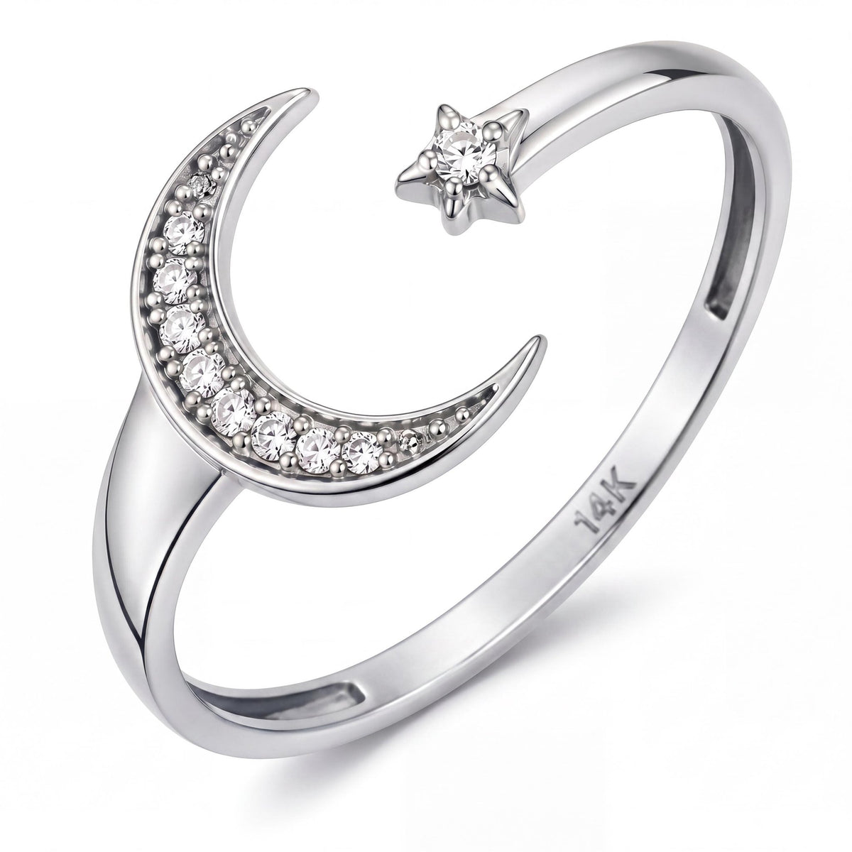 14K white gold moon and star ring, product photo
