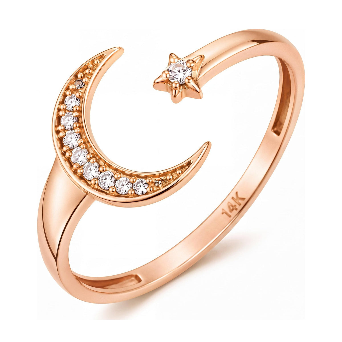 14K rose gold moon and star ring, open band with a stone-set crescent moon facing a small star, on white
