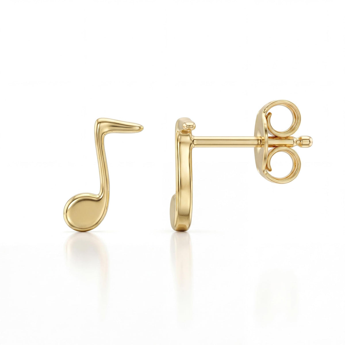 14K gold music note stud earrings, product photo