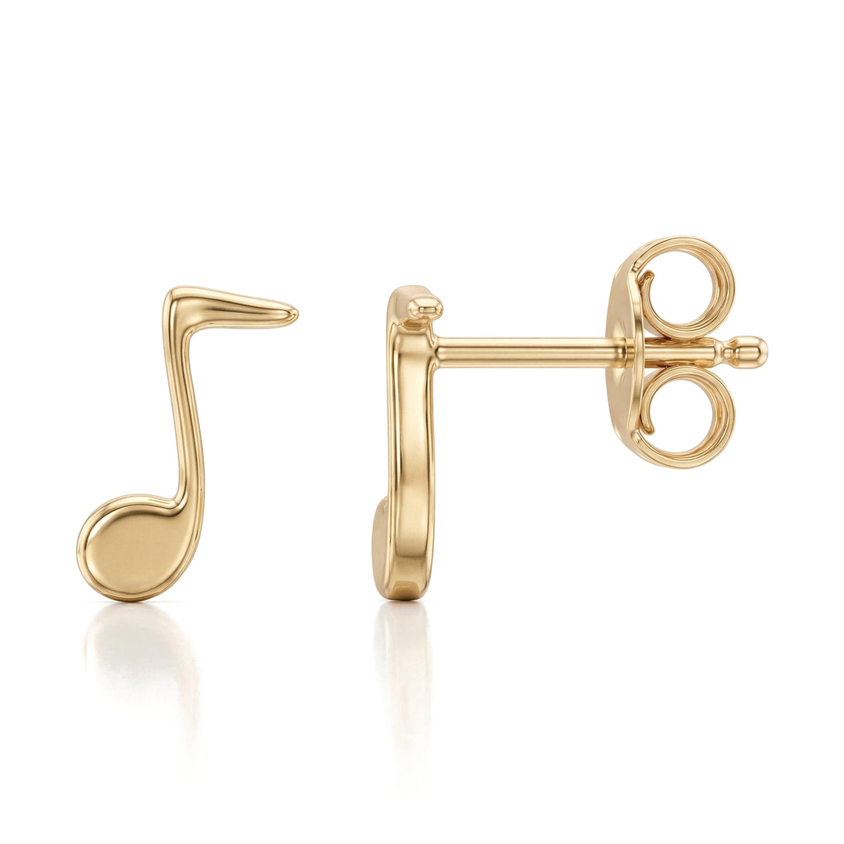 14K yellow gold music note stud earrings, eighth note shown front and side with post and butterfly back