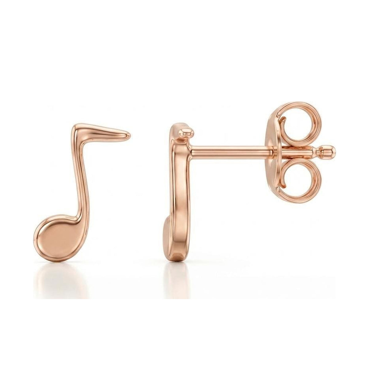 14K rose gold music note stud earrings, eighth note shown front and side with post and butterfly back