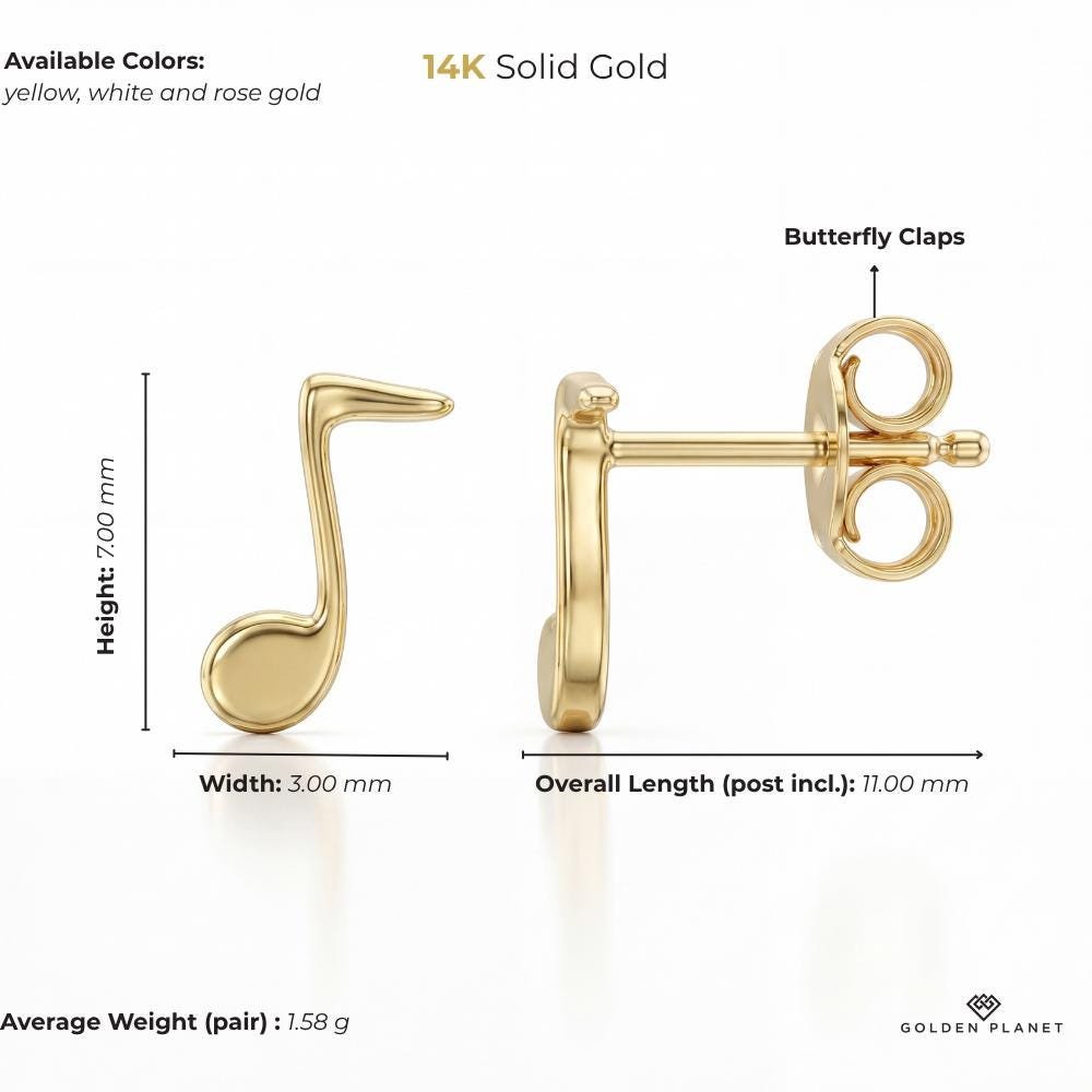 Product info graphic for 14K gold music note stud earrings, size and weight guide