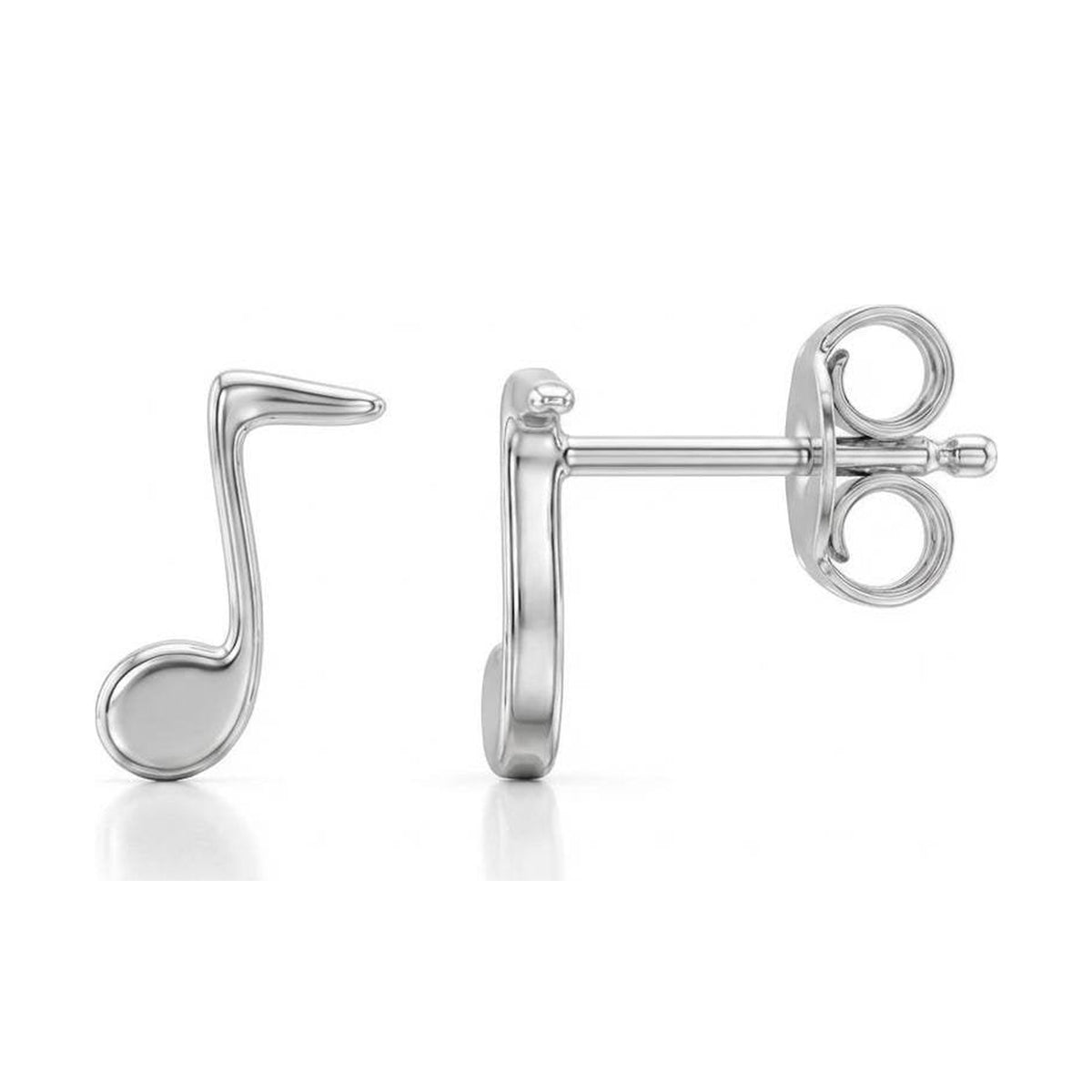 14K white gold music note stud earrings, eighth note shown front and side with post and butterfly back